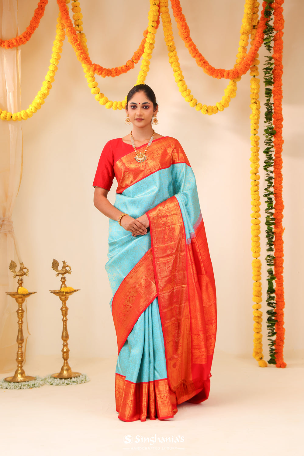 Cyan Blue Kanjivaram Silk Saree With Floral Jaal