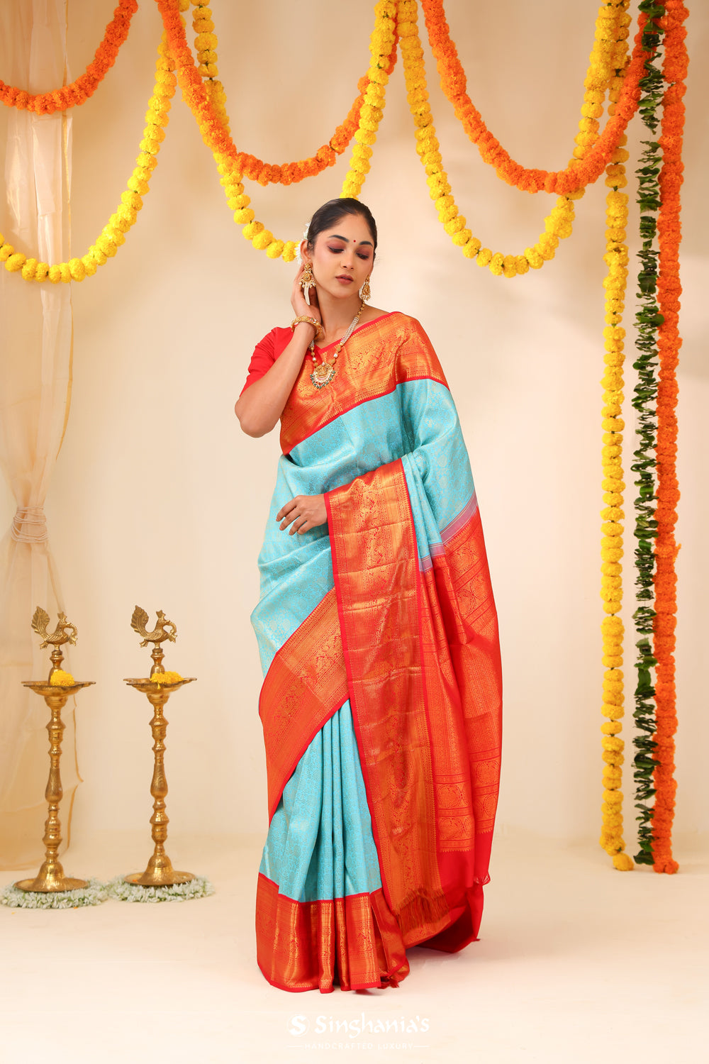 Cyan Blue Kanjivaram Silk Saree With Floral Jaal