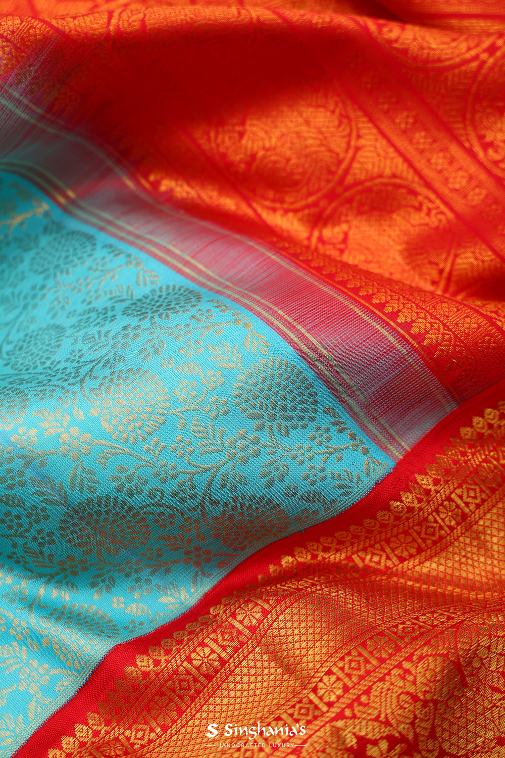 Cyan Blue Kanjivaram Silk Saree With Floral Jaal