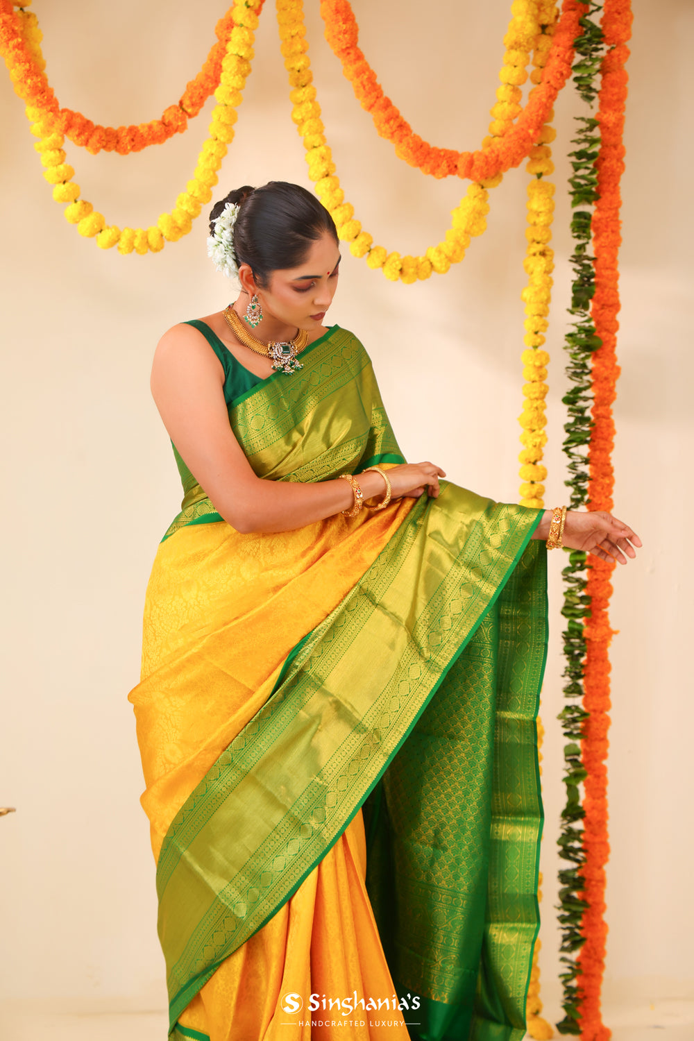 Golden Yellow Kanjivaram Silk Saree With Floral Jaal Work