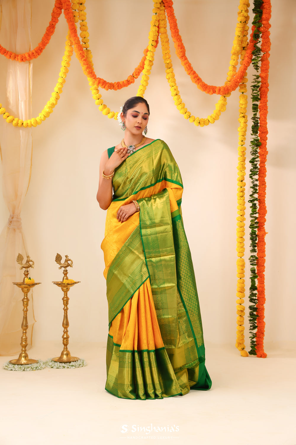 Golden Yellow Kanjivaram Silk Saree With Floral Jaal Work