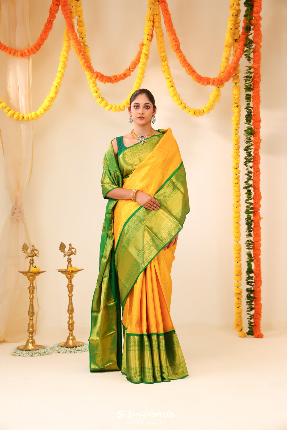 Golden Yellow Kanjivaram Silk Saree With Floral Jaal Work