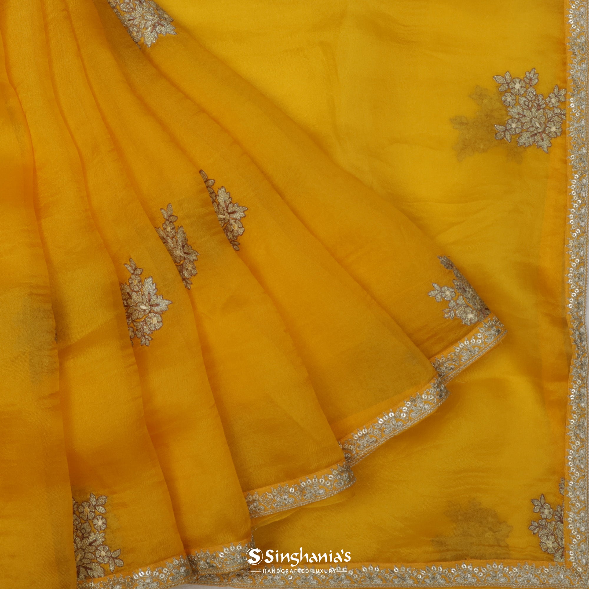 Saffron Yellow Organza Saree With Embroidery