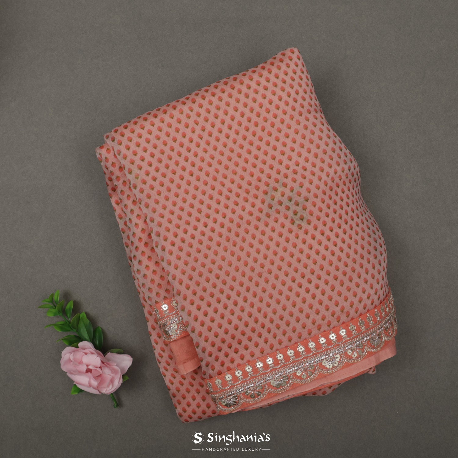 Vivid Peach Printed Organza Saree With Embroidery