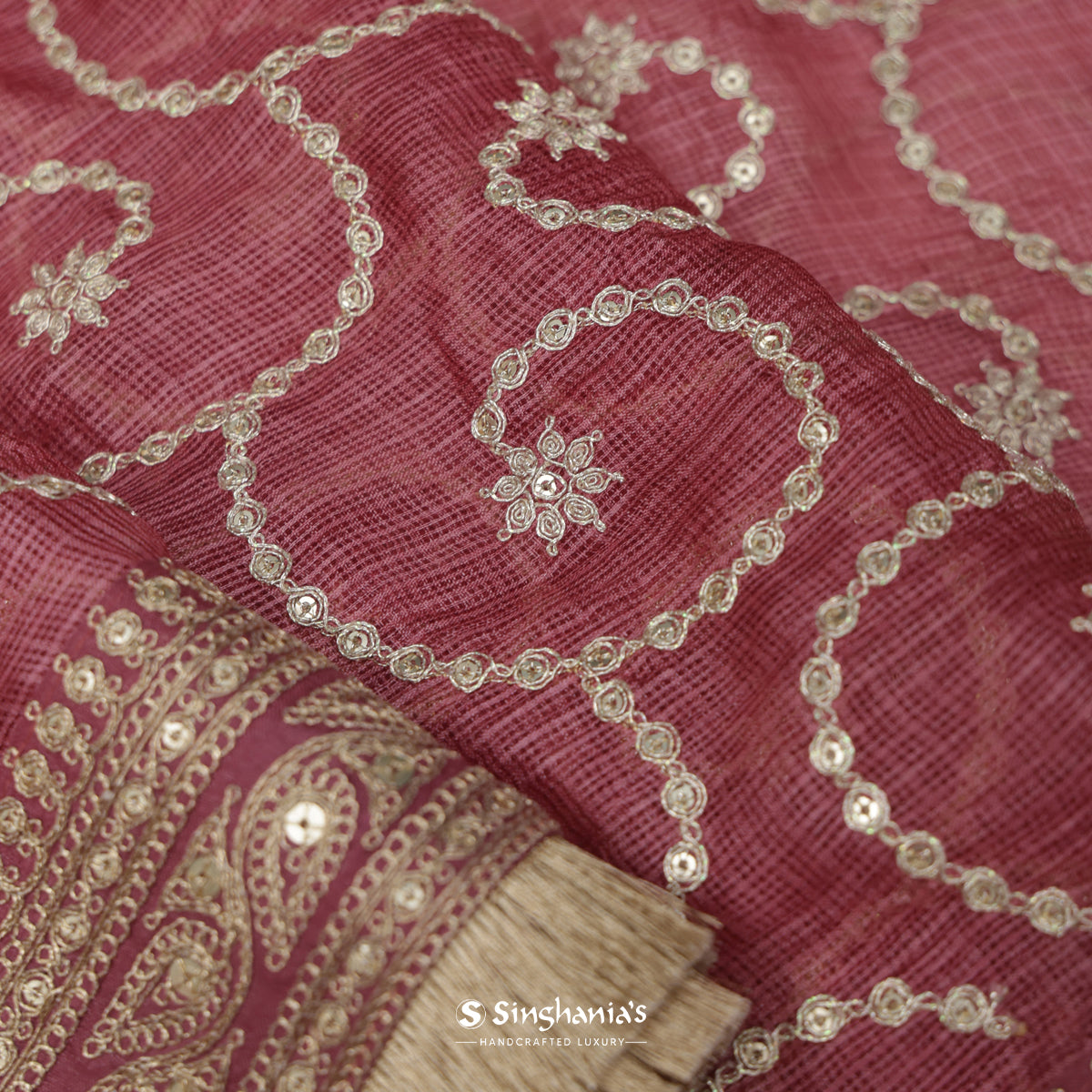 Rosy Brown Kota Silk Saree With Hand Embroidery