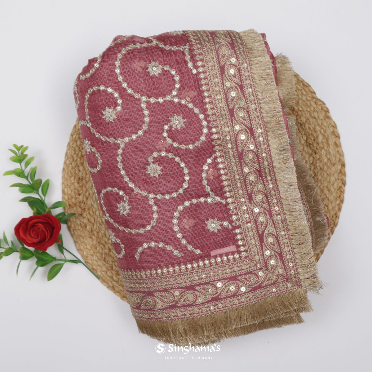 Rosy Brown Kota Silk Saree With Hand Embroidery