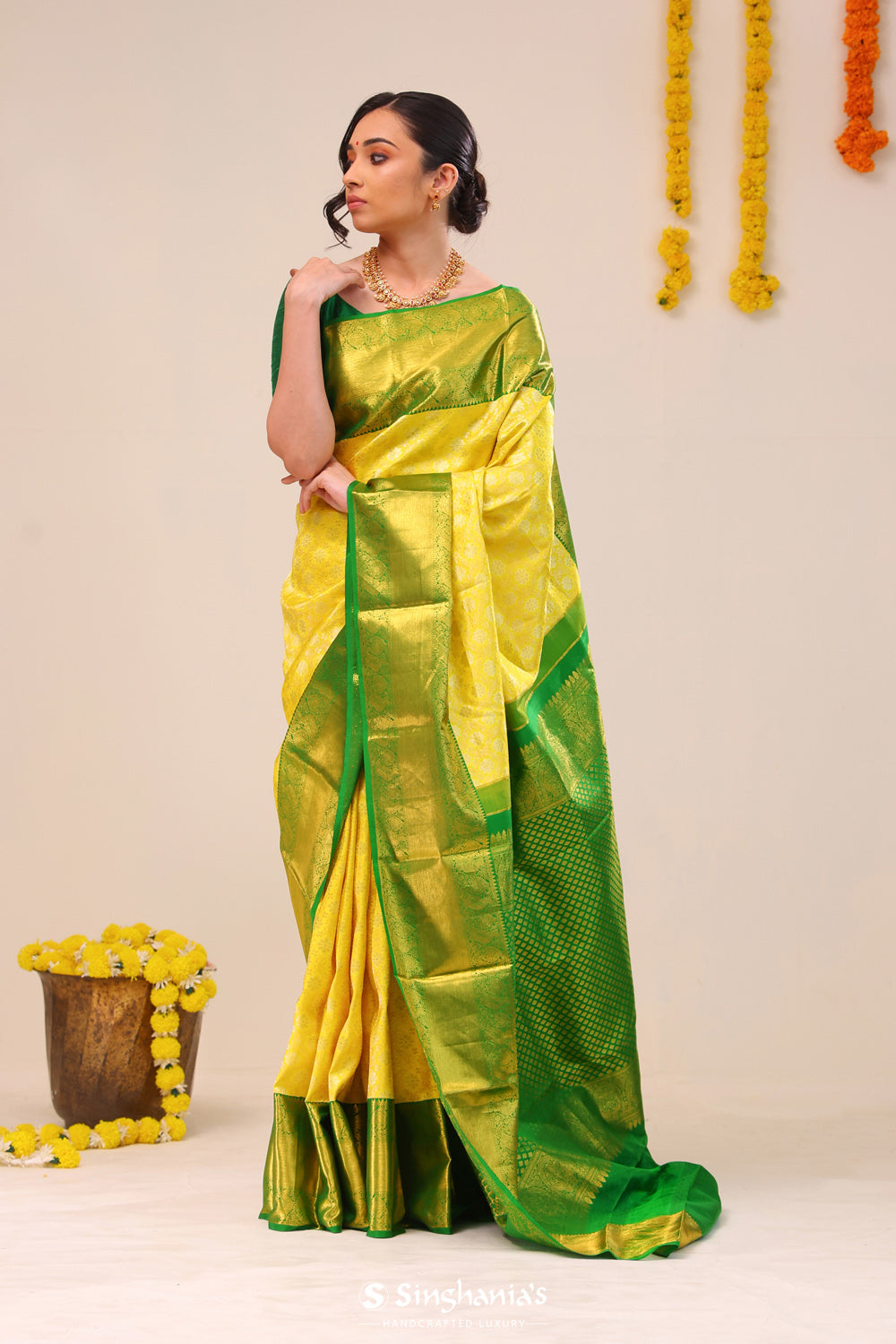 Bright Yellow Jaali Kanjivaram Silk Saree