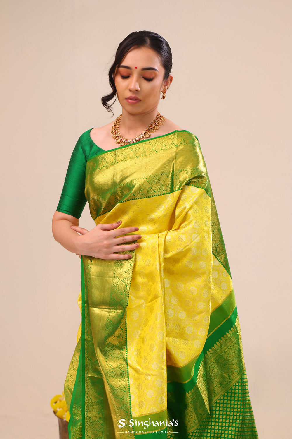 Bright Yellow Jaali Kanjivaram Silk Saree