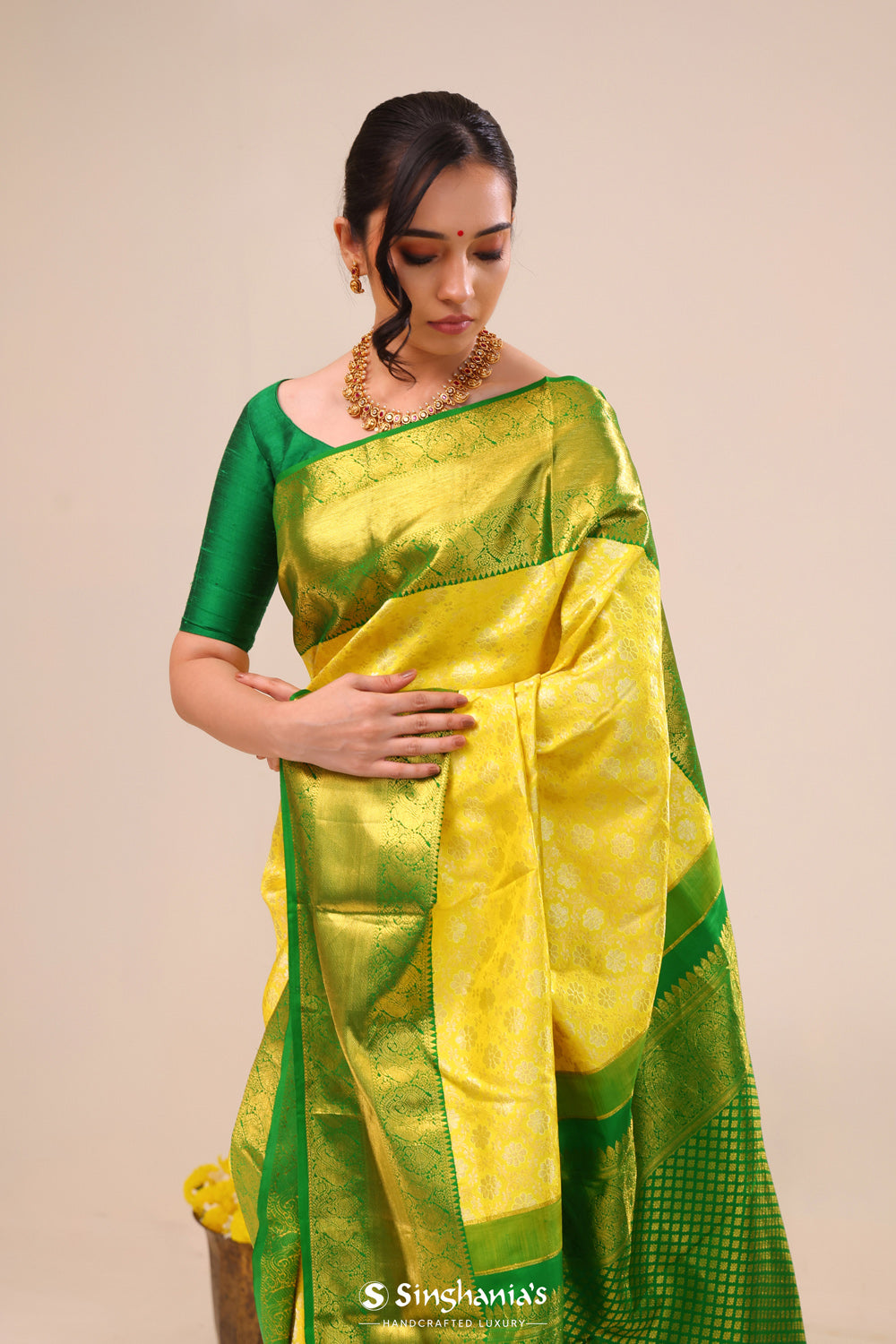 Bright Yellow Jaali Kanjivaram Silk Saree