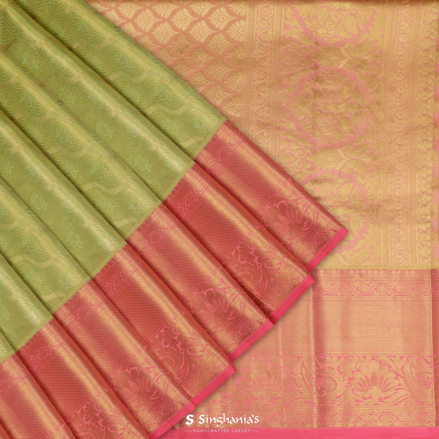 Light Olive Kanjivaram Saree With Floral Jaal Pattern