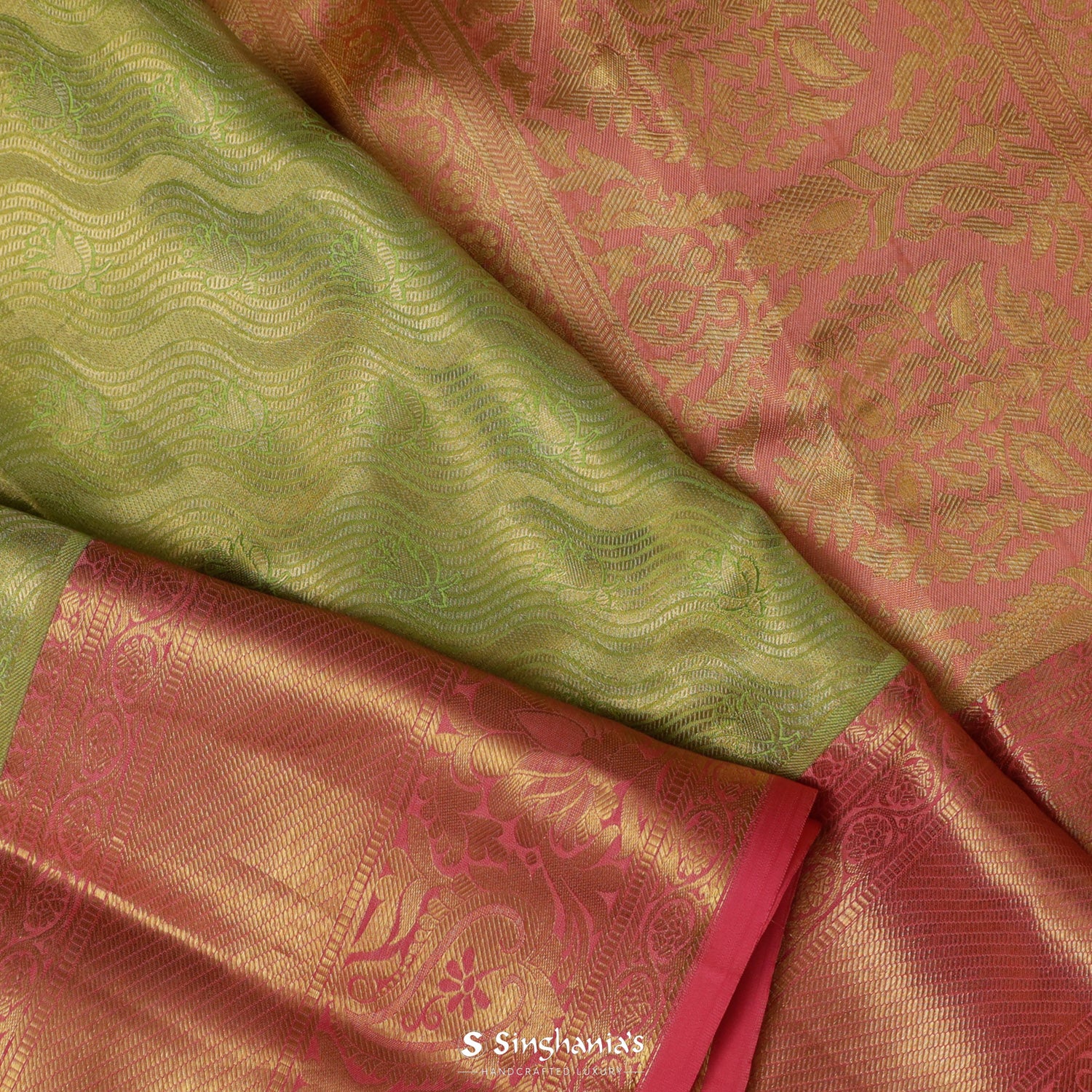 Light Olive Kanjivaram Saree With Floral Jaal Pattern