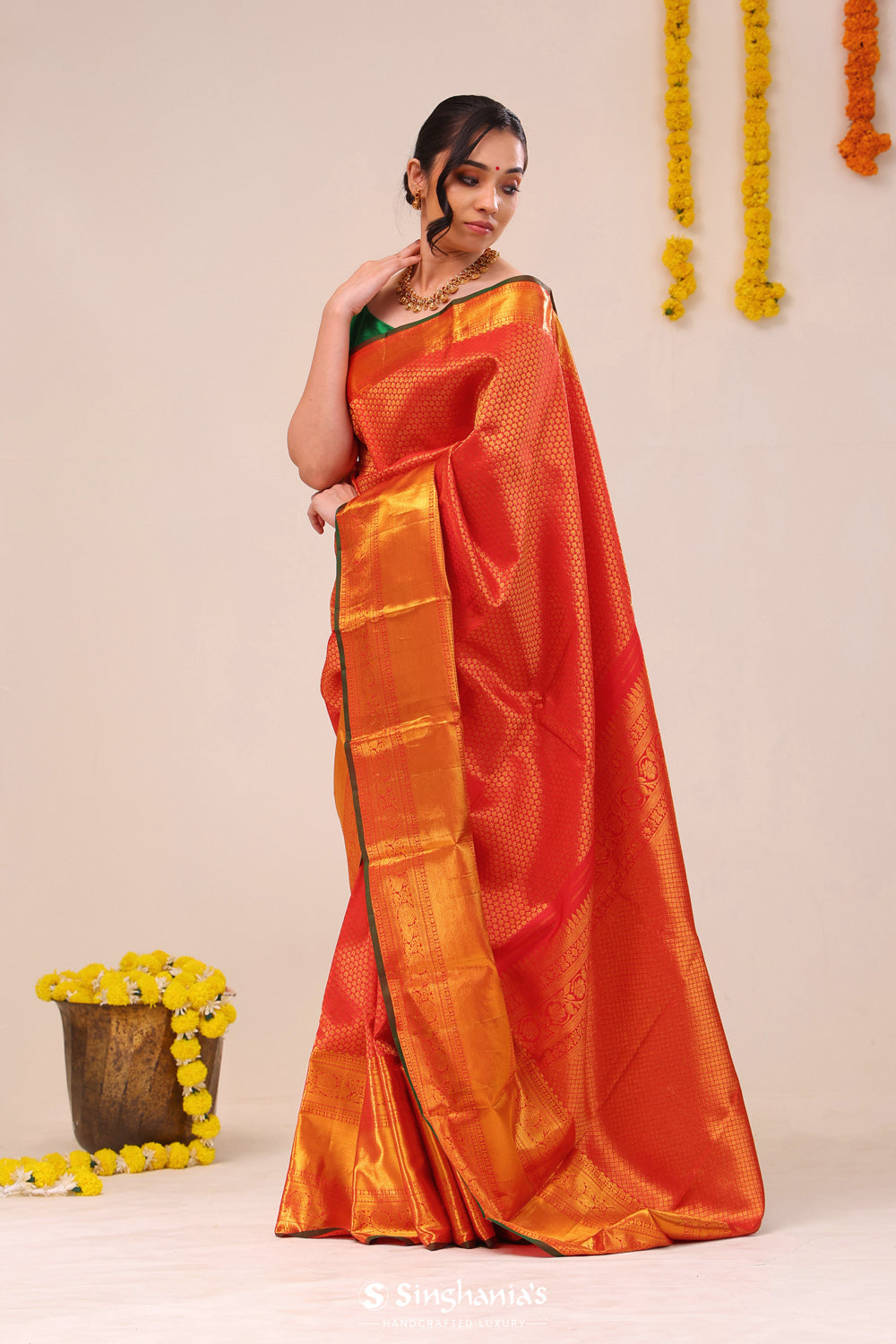 Cardinal Red Butti Kanjivaram Silk Saree