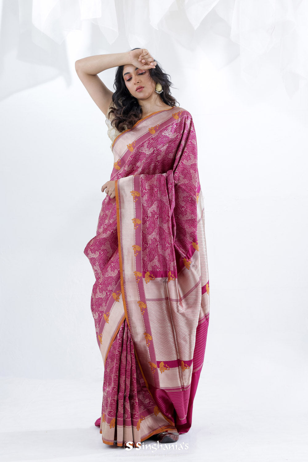 Traffic Purple Banarasi Silk Saree With Tiger Design