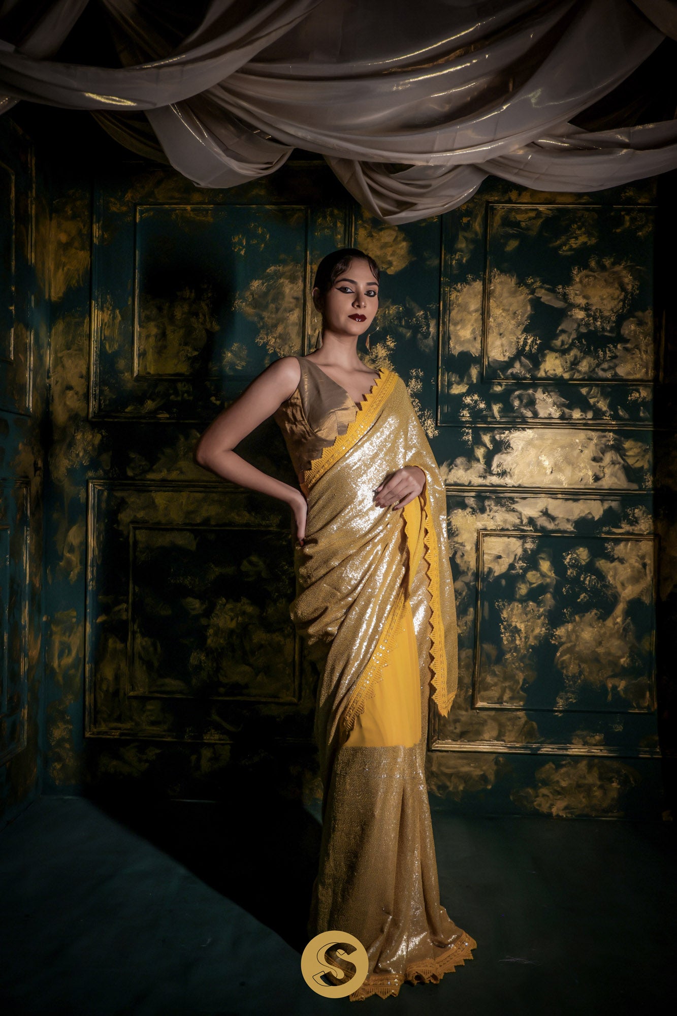 Empire Yellow Georgette Saree With Sequins Embroidery