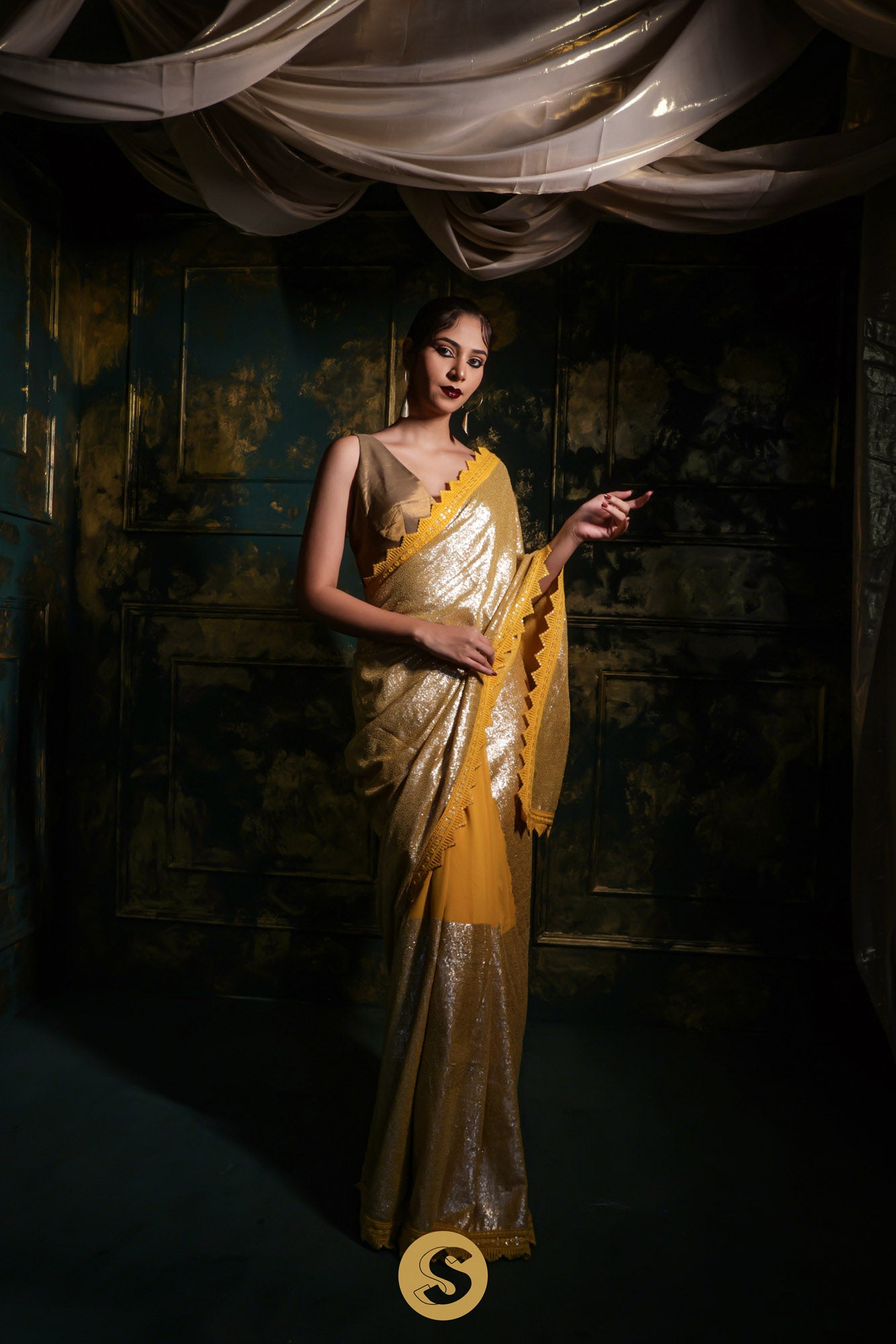 Empire Yellow Georgette Saree With Sequins Embroidery