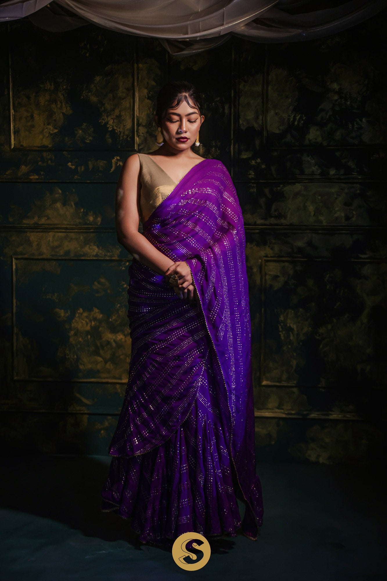 Eminence Purple Chiffon Saree With Mukaish Embroidery