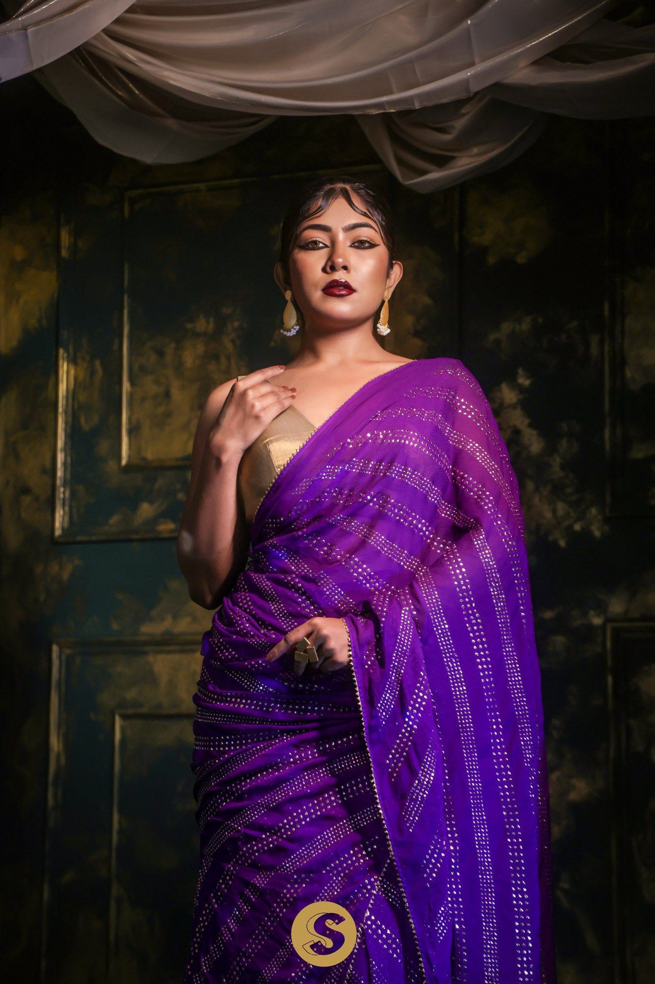 Eminence Purple Chiffon Saree With Mukaish Embroidery