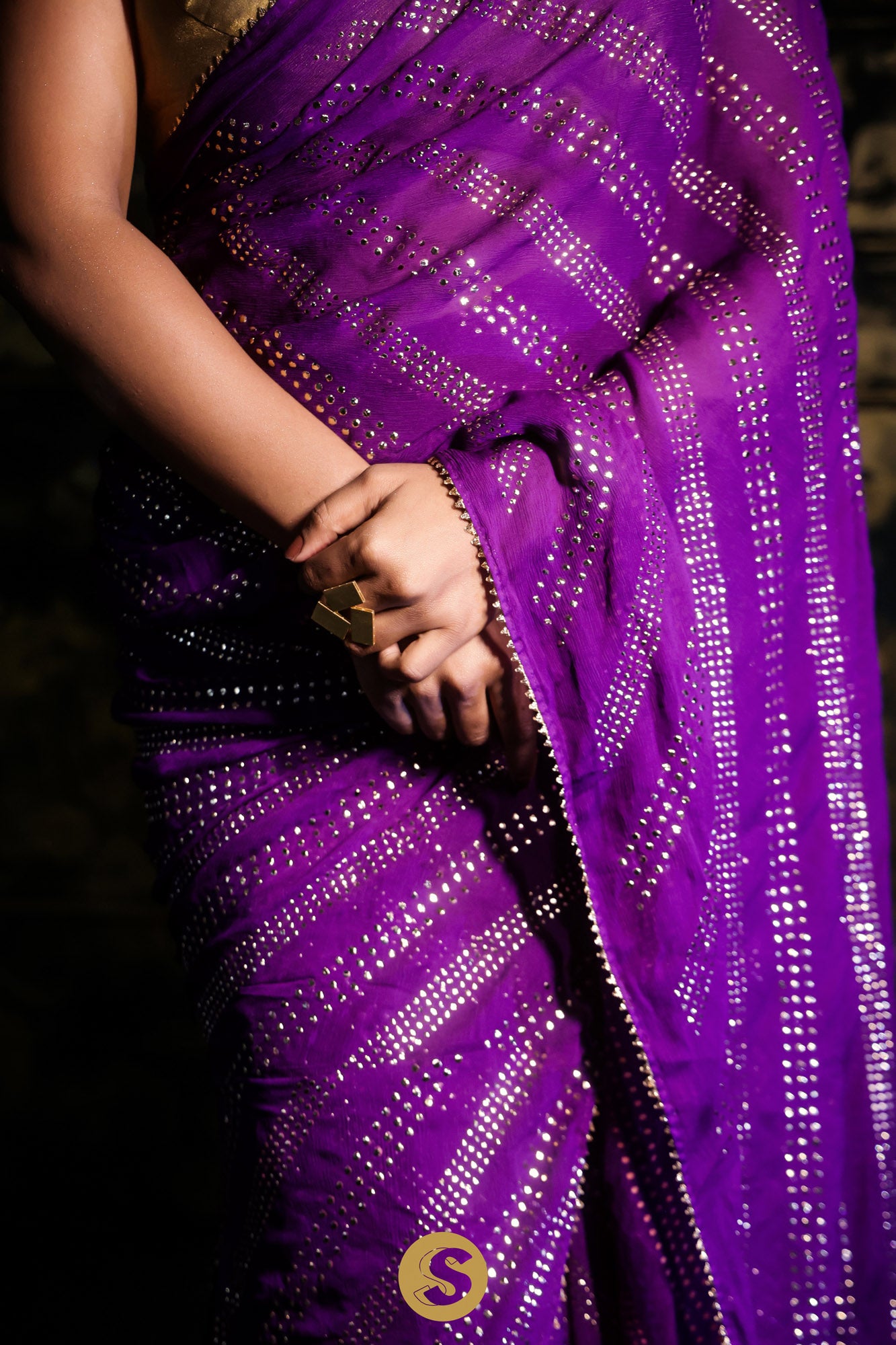 Eminence Purple Chiffon Saree With Mukaish Embroidery