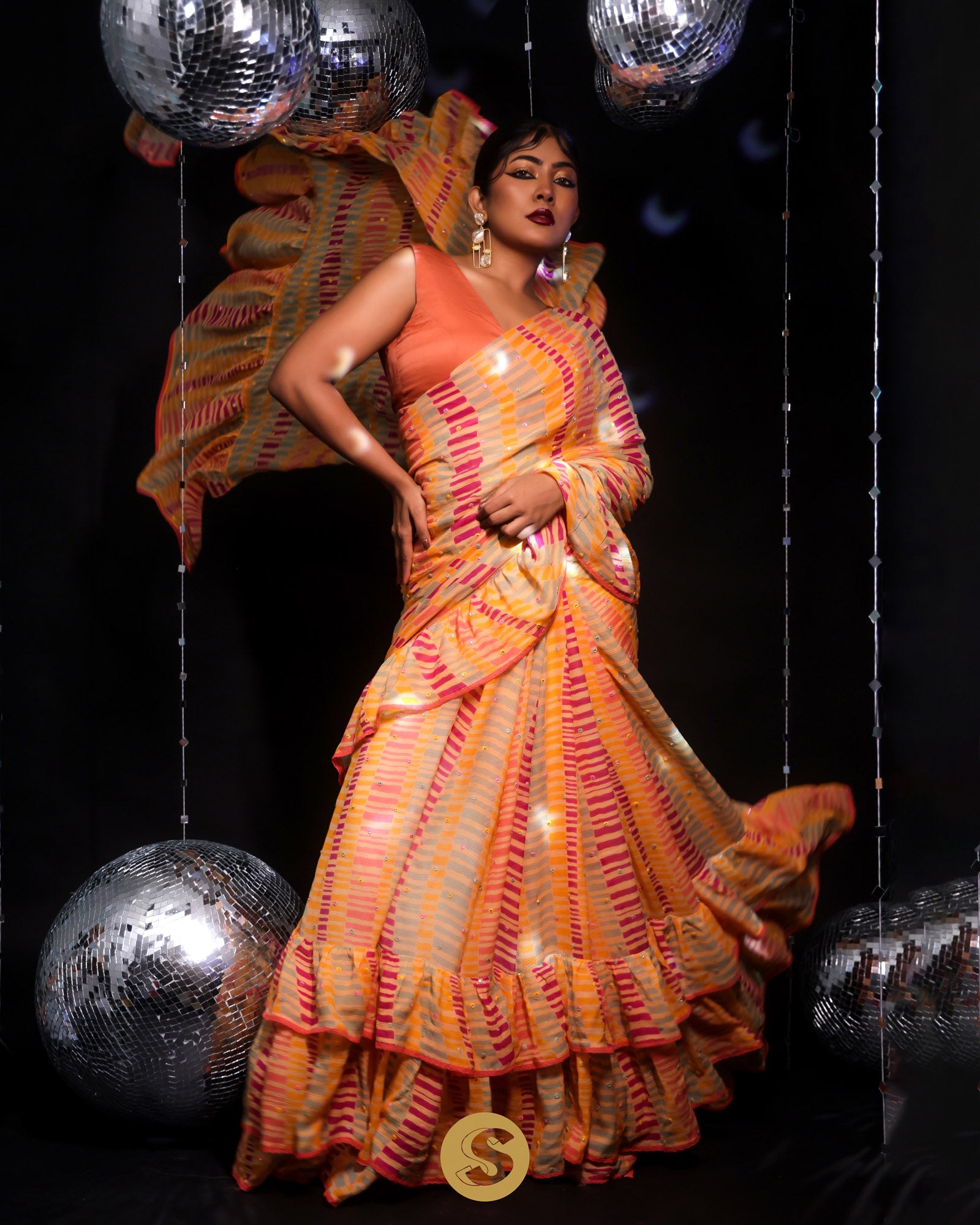 Peach Orange Printed Chiffon Saree With Mirror Embroidery