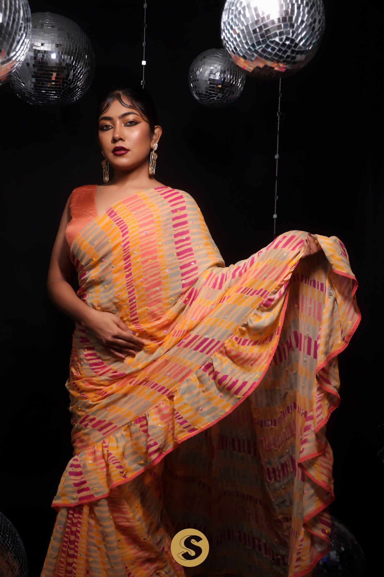 Peach Orange Printed Chiffon Saree With Mirror Embroidery