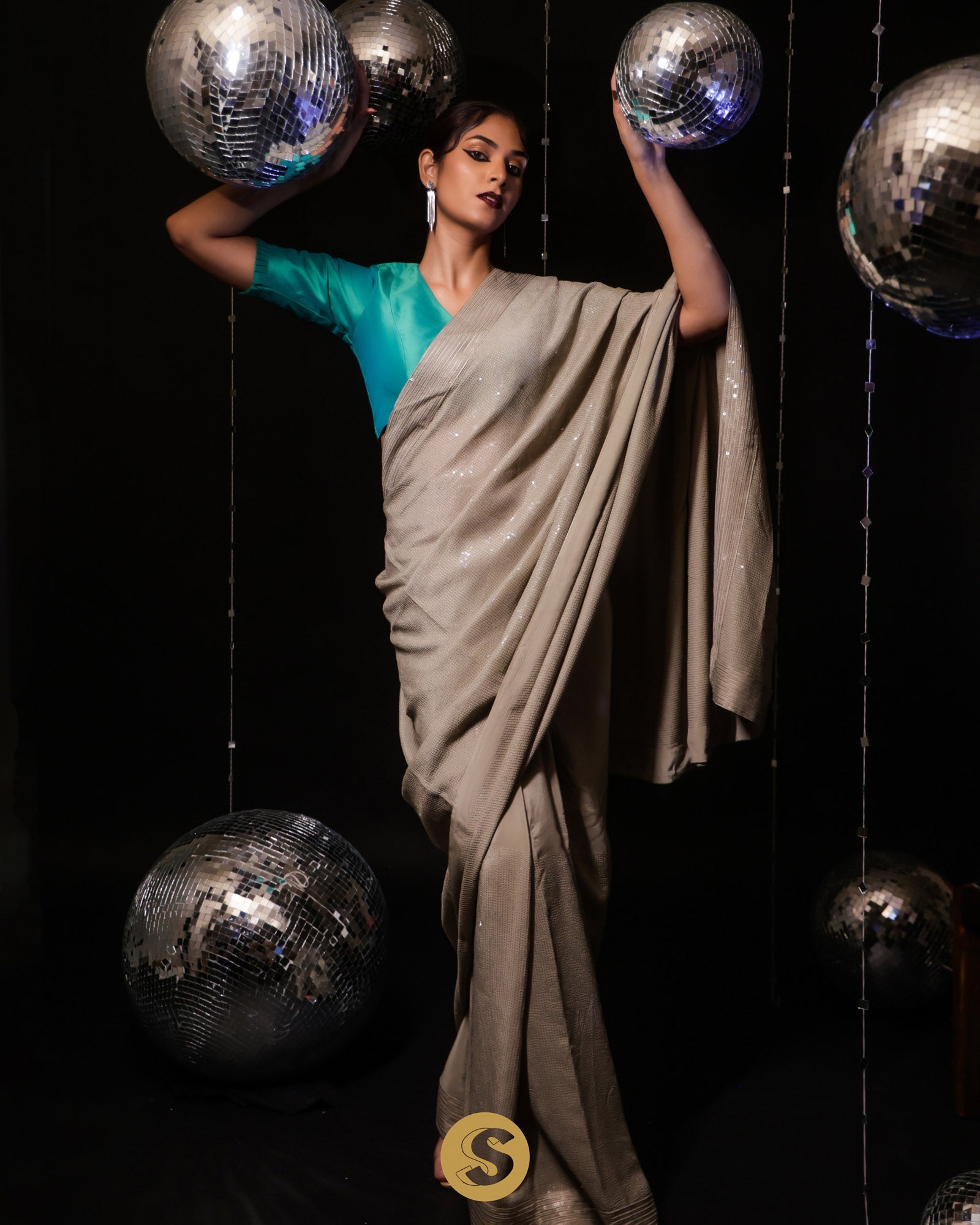 Platinum Grey Satin Saree With Sequins Embroidery