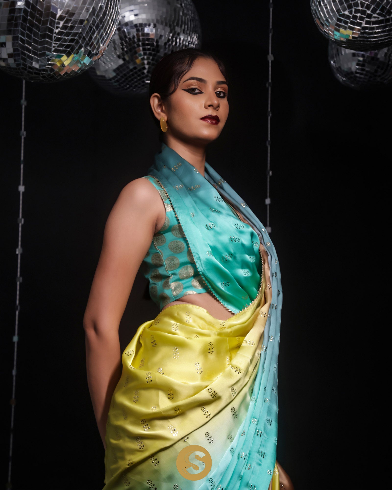 Yellow Green Satin Saree With Mukaish Embroidery