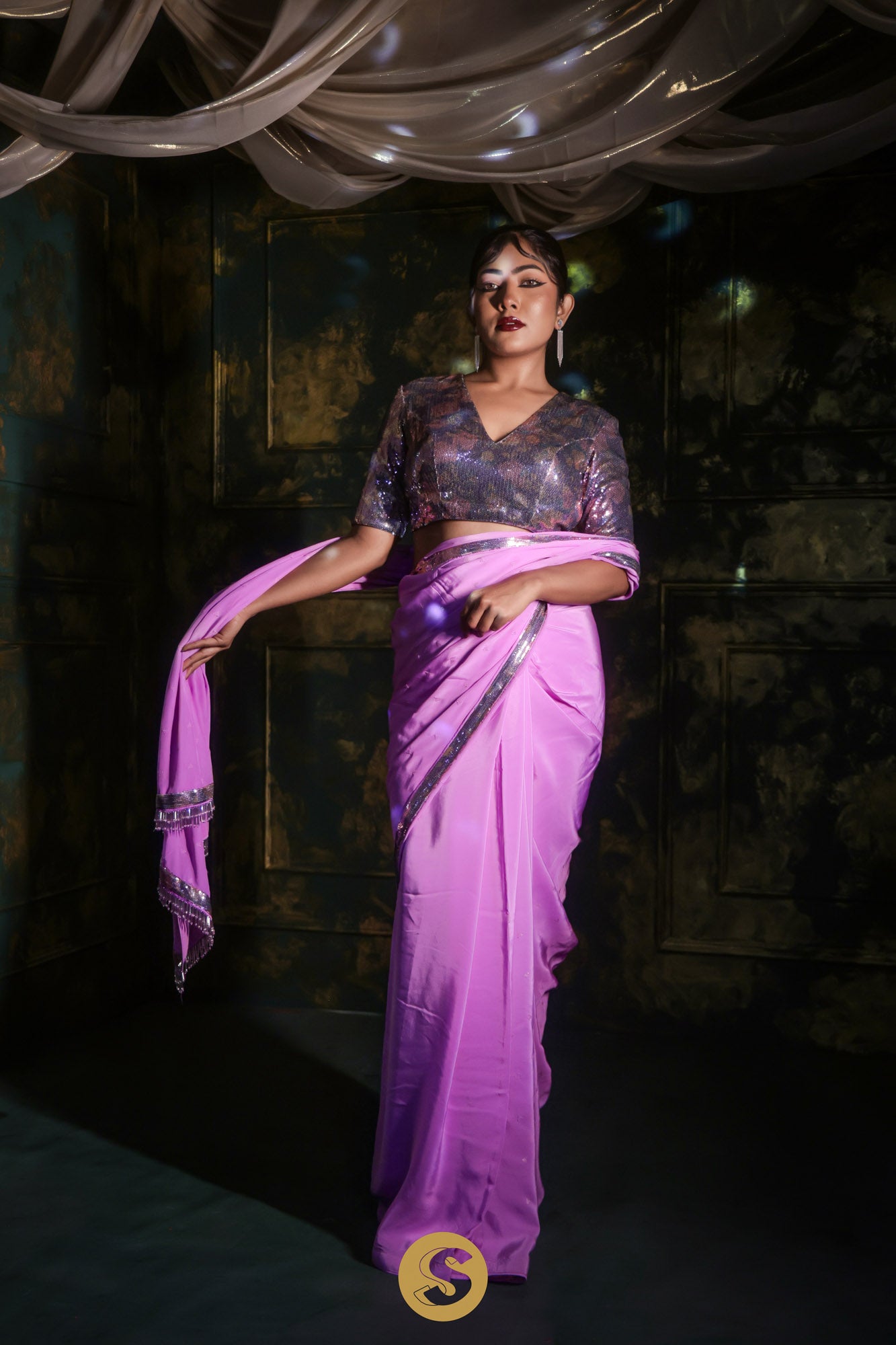 Deep Violet Satin Saree With Sequins Embroidery