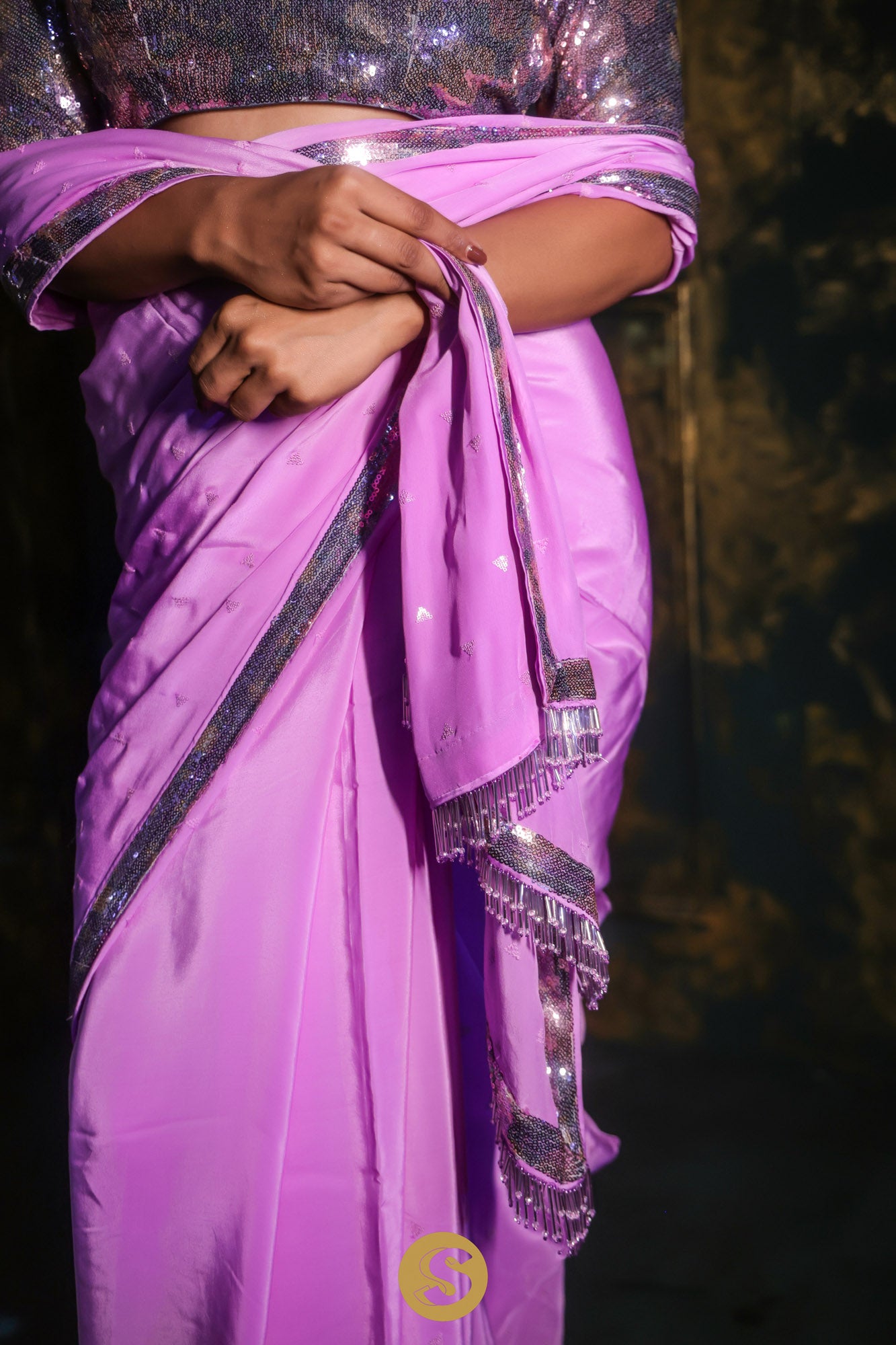 Deep Violet Satin Saree With Sequins Embroidery