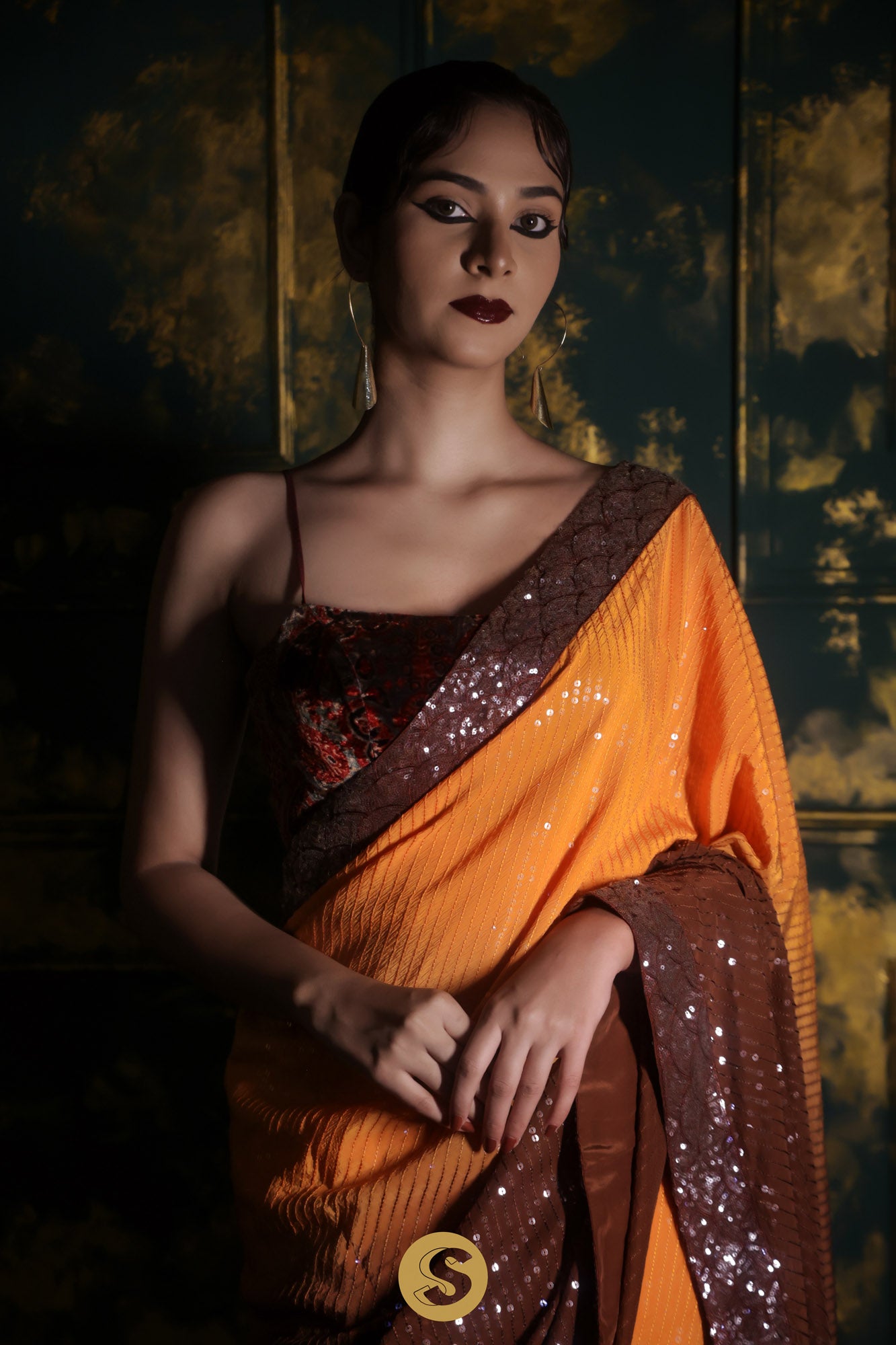 Dark Orange Satin Saree With Sequin Embroidery