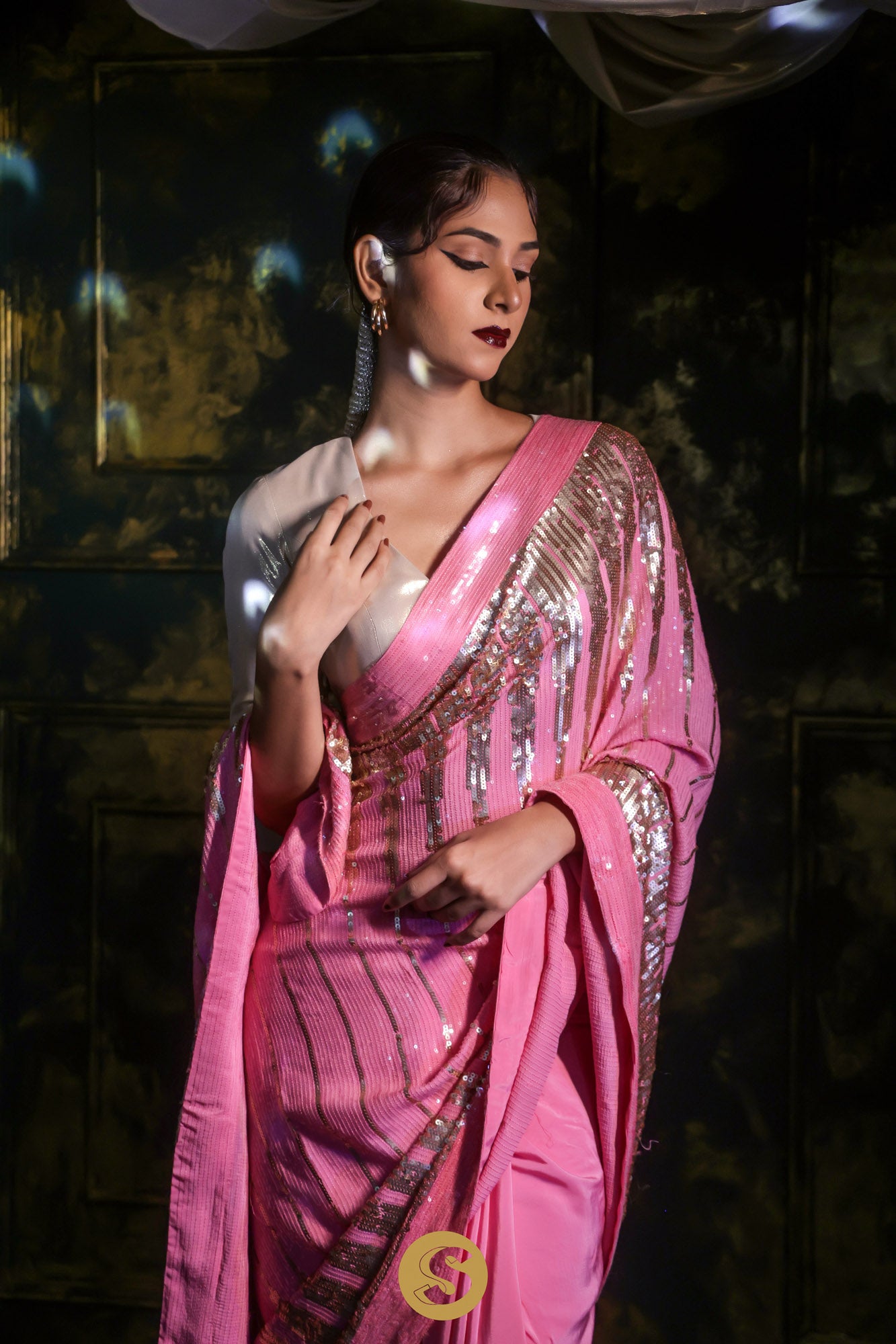 Deep Pink Satin Saree With Sequins Embroidery