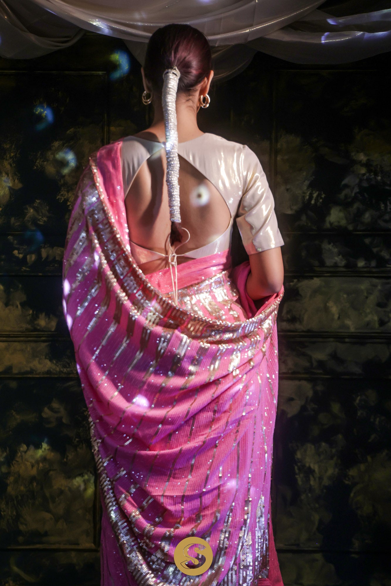 Deep Pink Satin Saree With Sequins Embroidery