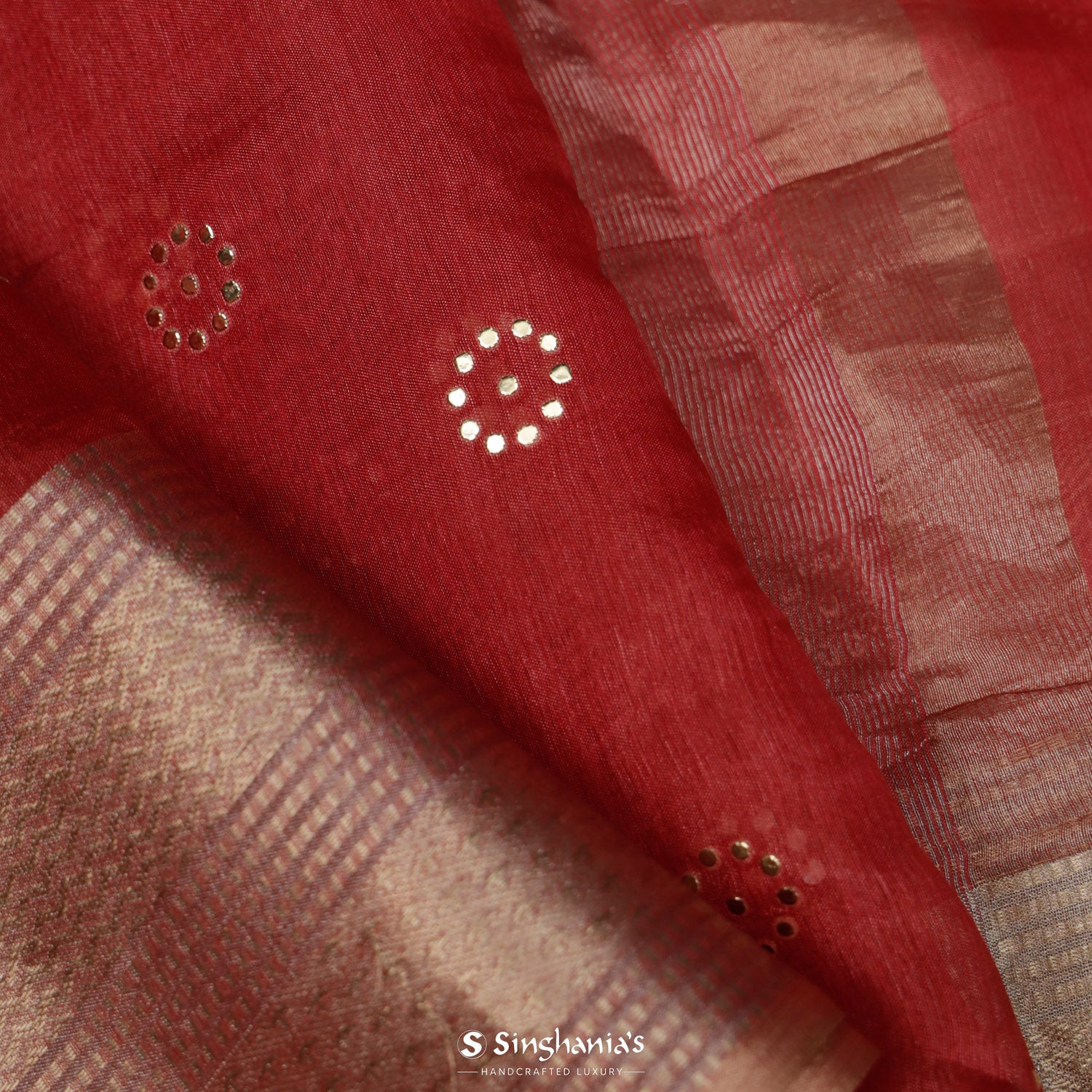 Persian Red Organza Tussar Silk Saree With Mukaish Work In Floral Buttis