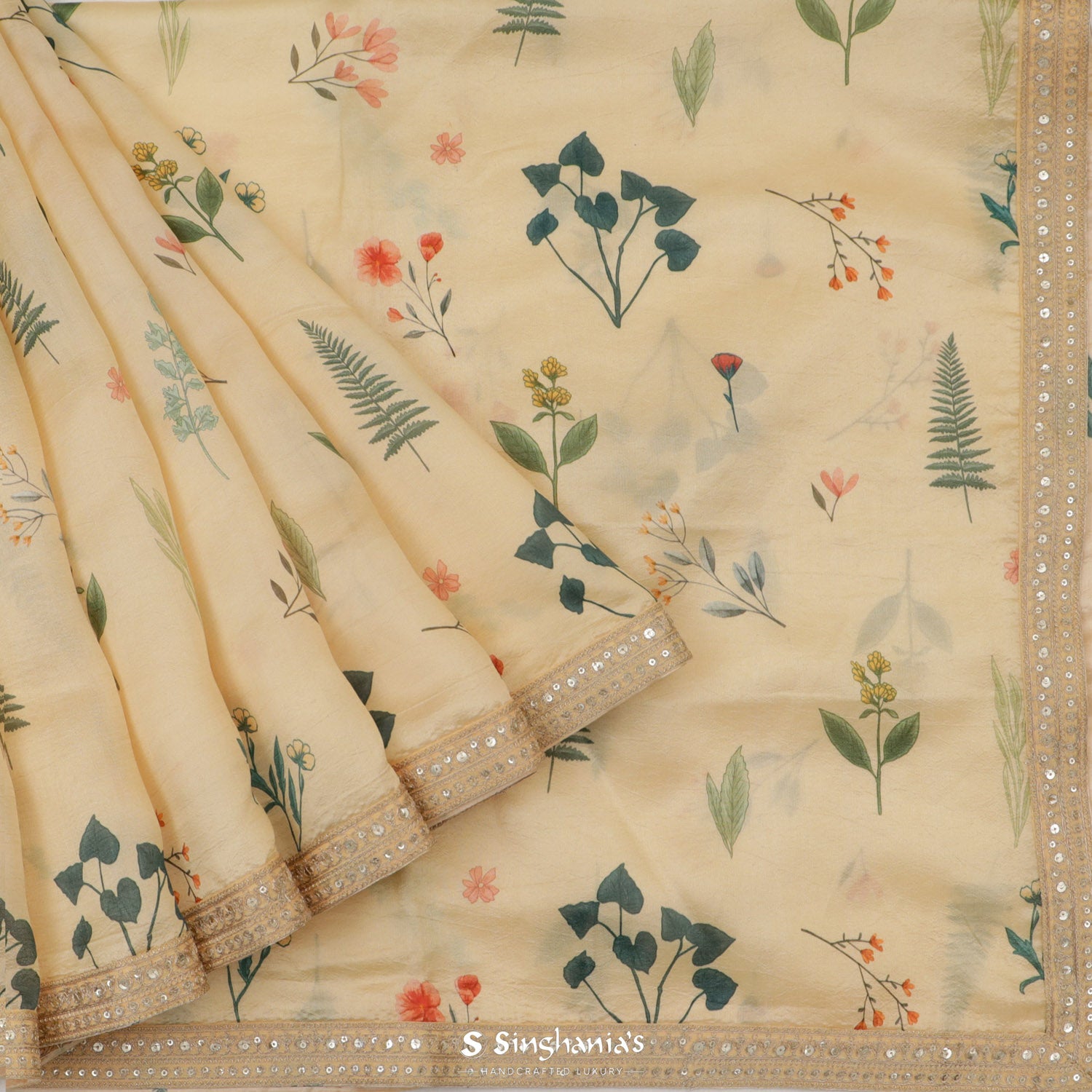 Lemon Chiffon Printed Silk Saree With Leaf Pattern