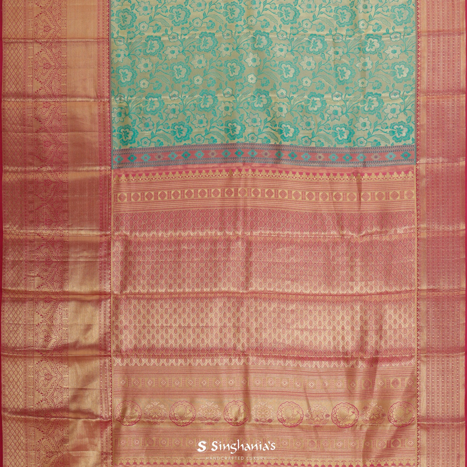 Pale Lime Yellow Kanjivaram Silk Saree With Floral Jaal Pattern