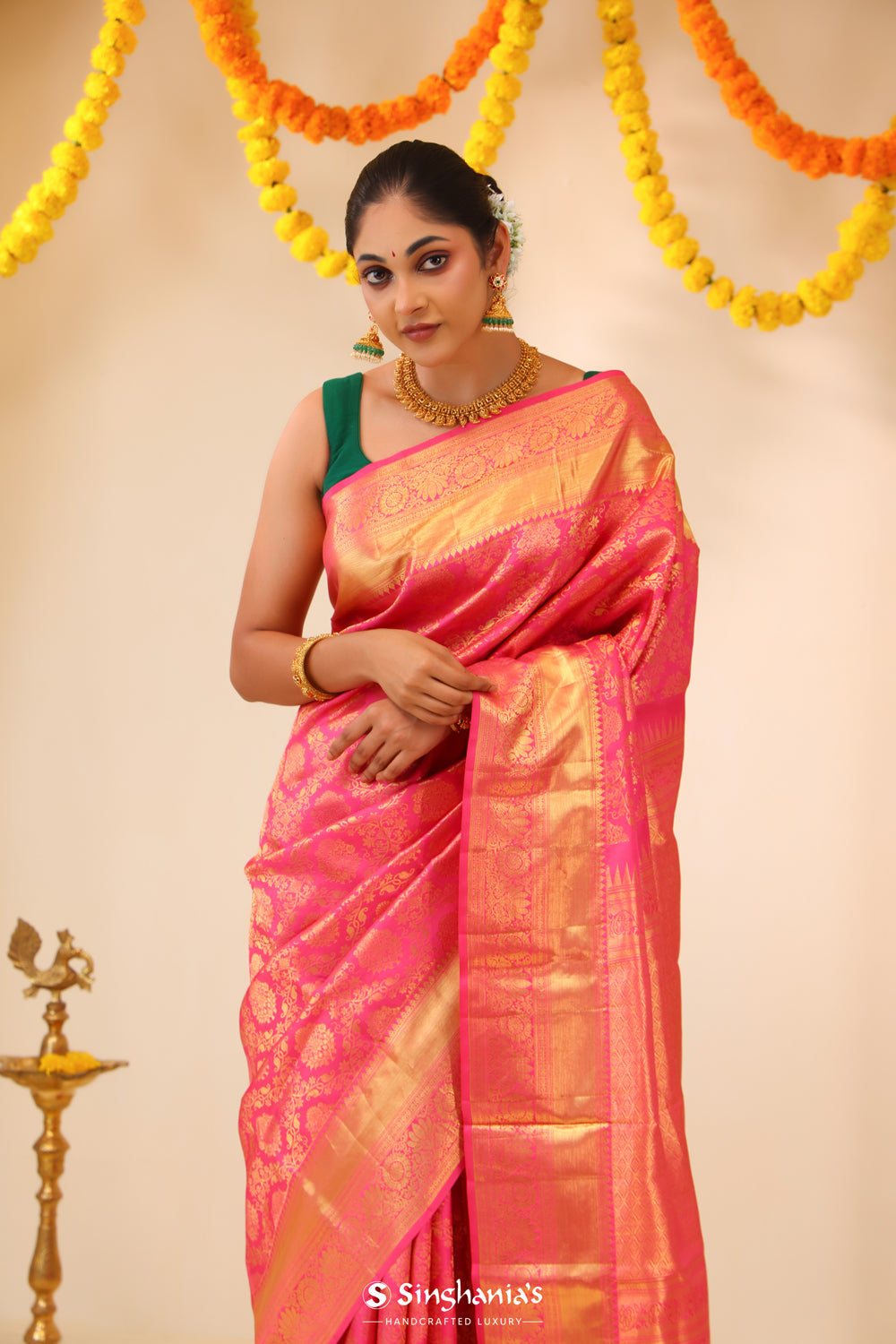 Flamingo Pink Kanjivaram Silk Saree With Floral Jaal Work