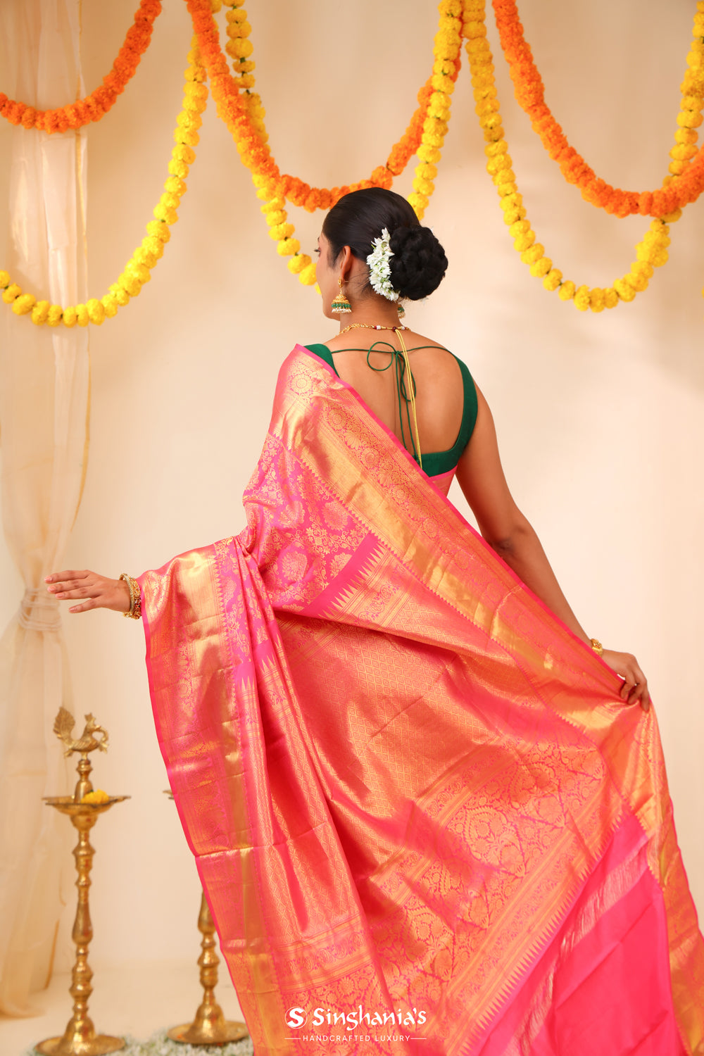 Flamingo Pink Kanjivaram Silk Saree With Floral Jaal Work