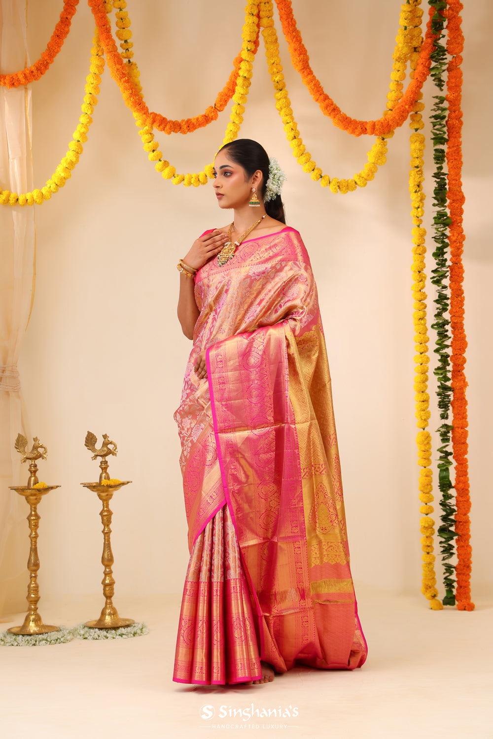 Pink Peach Tissue Kanjivaram Saree With Floral Jaal Weaving