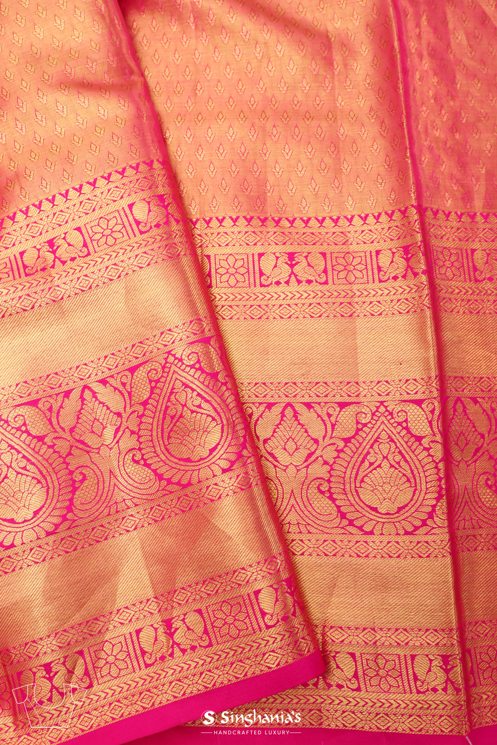 Pink Peach Tissue Kanjivaram Saree With Floral Jaal Weaving