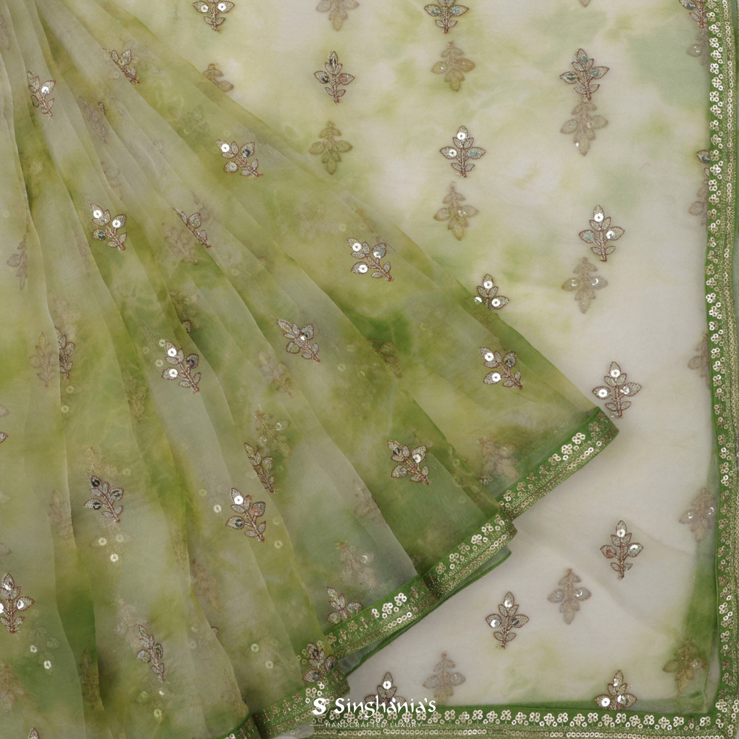 Olive Green Organza Saree With Embroidery