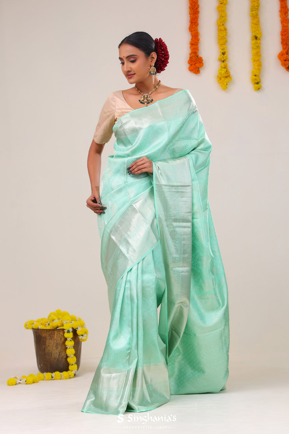 Bright Mint Jaal Kanjivaram Silk Saree