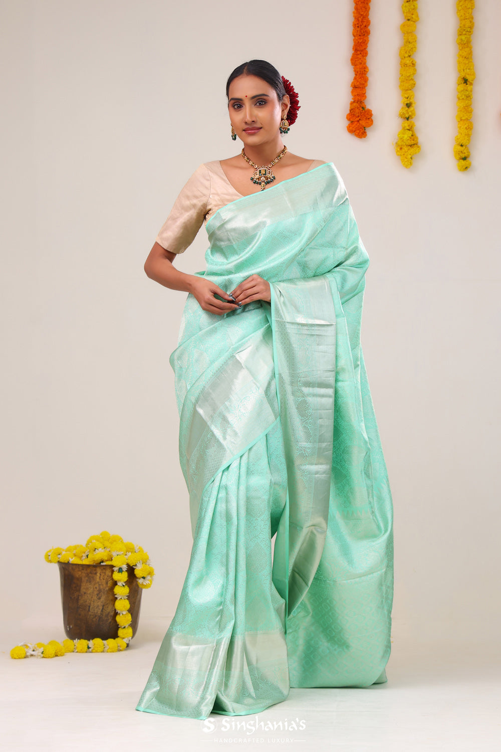 Bright Mint Jaal Kanjivaram Silk Saree