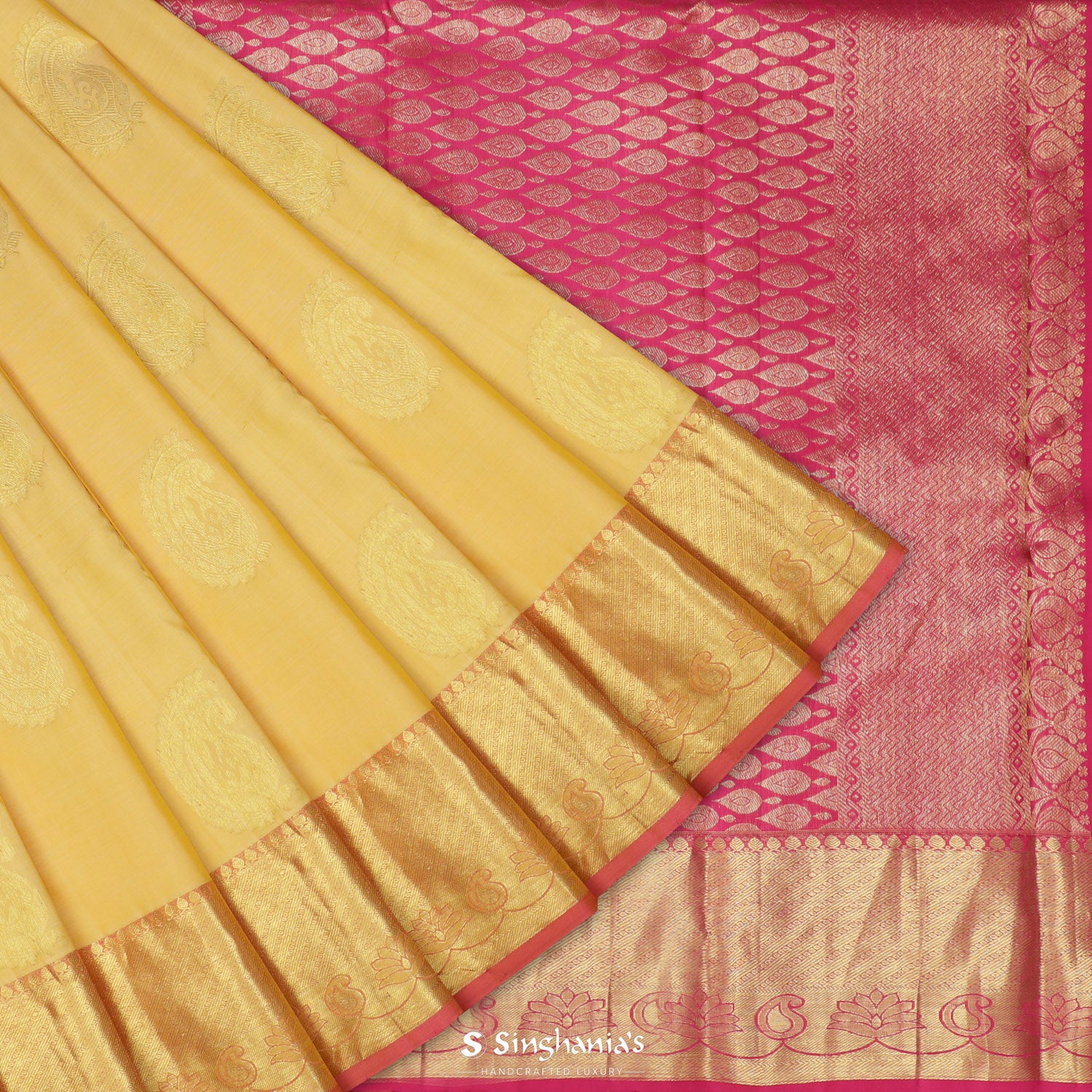 Macaroon Yellow Kanjivaram Silk Saree With Paisely Butti Pattern