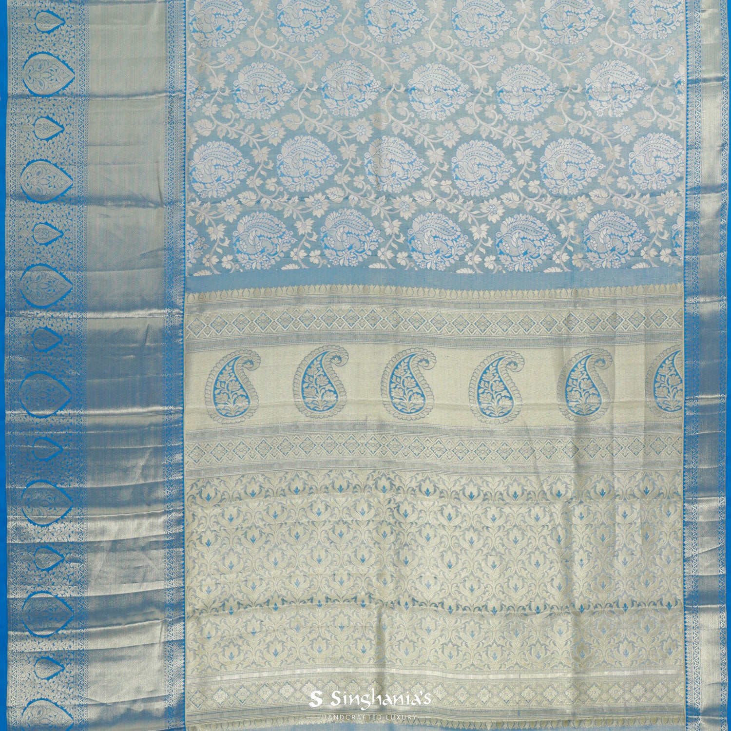 Steel Blue Kanjivaram Silk Saree With Floral Jaal Pattern