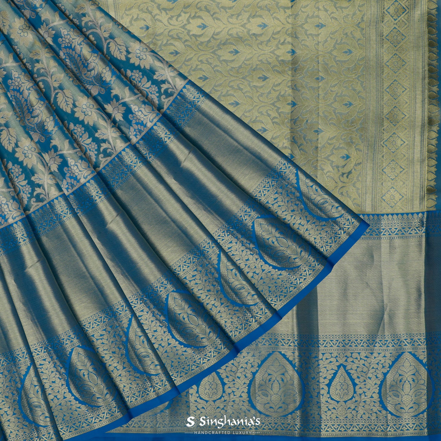 Steel Blue Kanjivaram Silk Saree With Floral Jaal Pattern