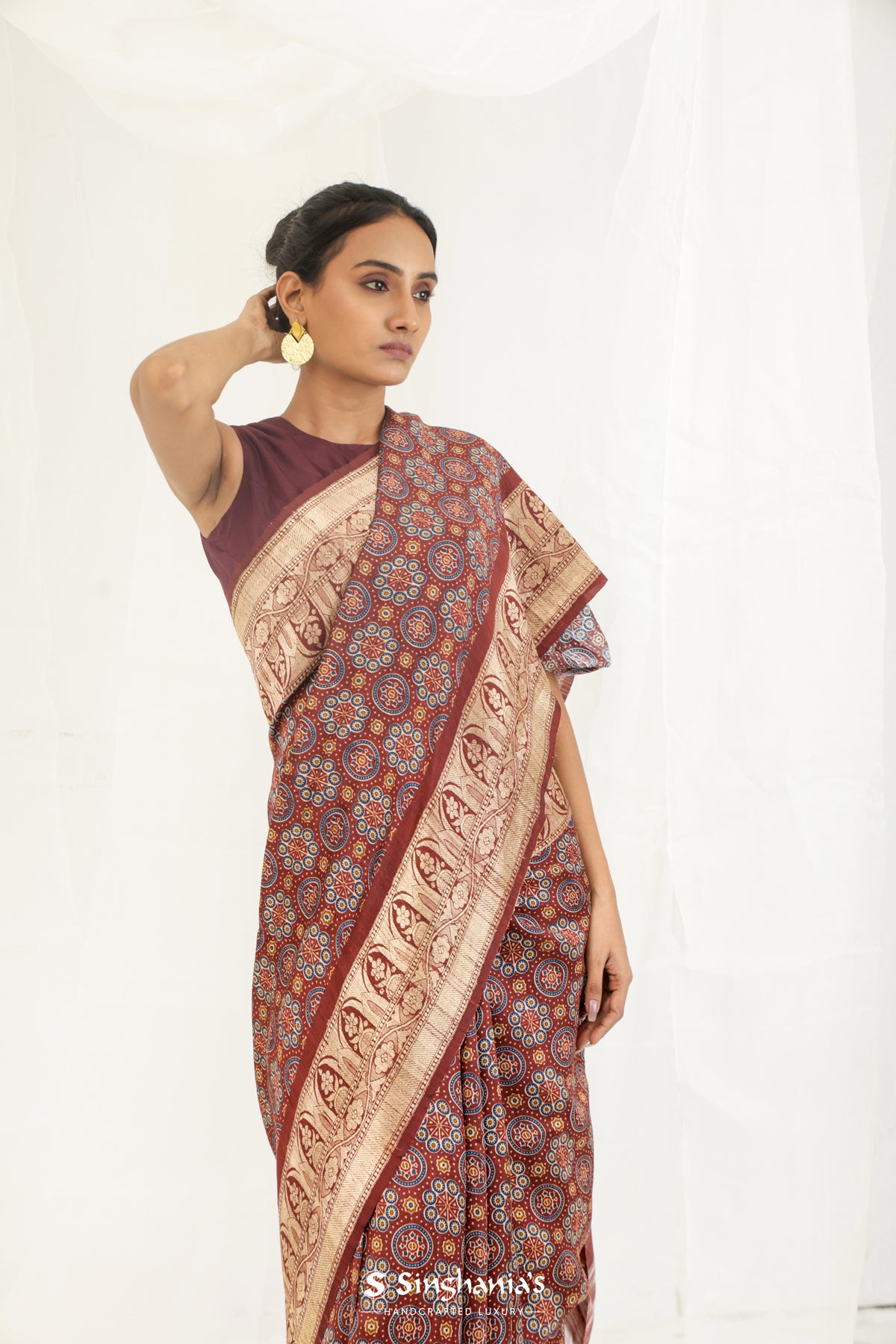 Brown Red Printed Ajrakh Silk Saree