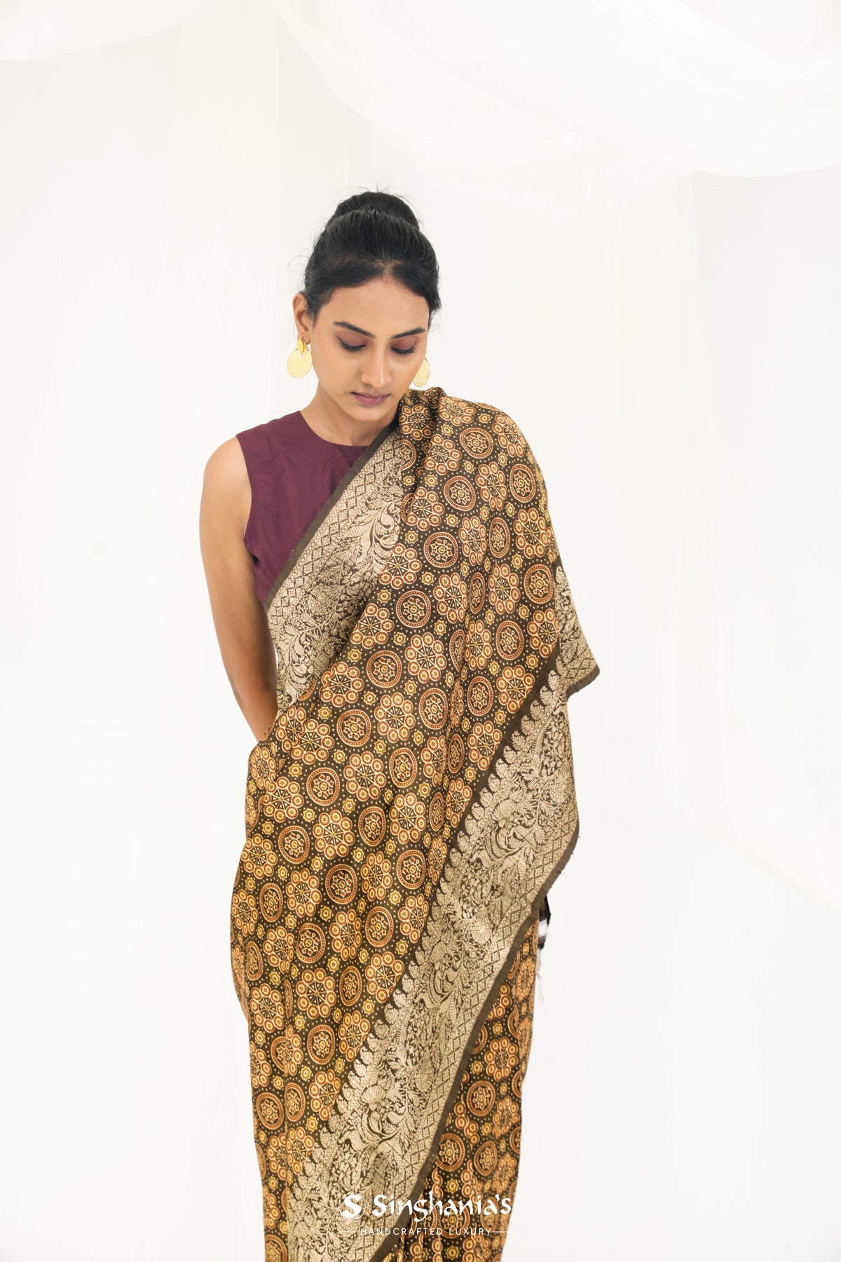 Moss Green Printed Ajrakh Silk Saree