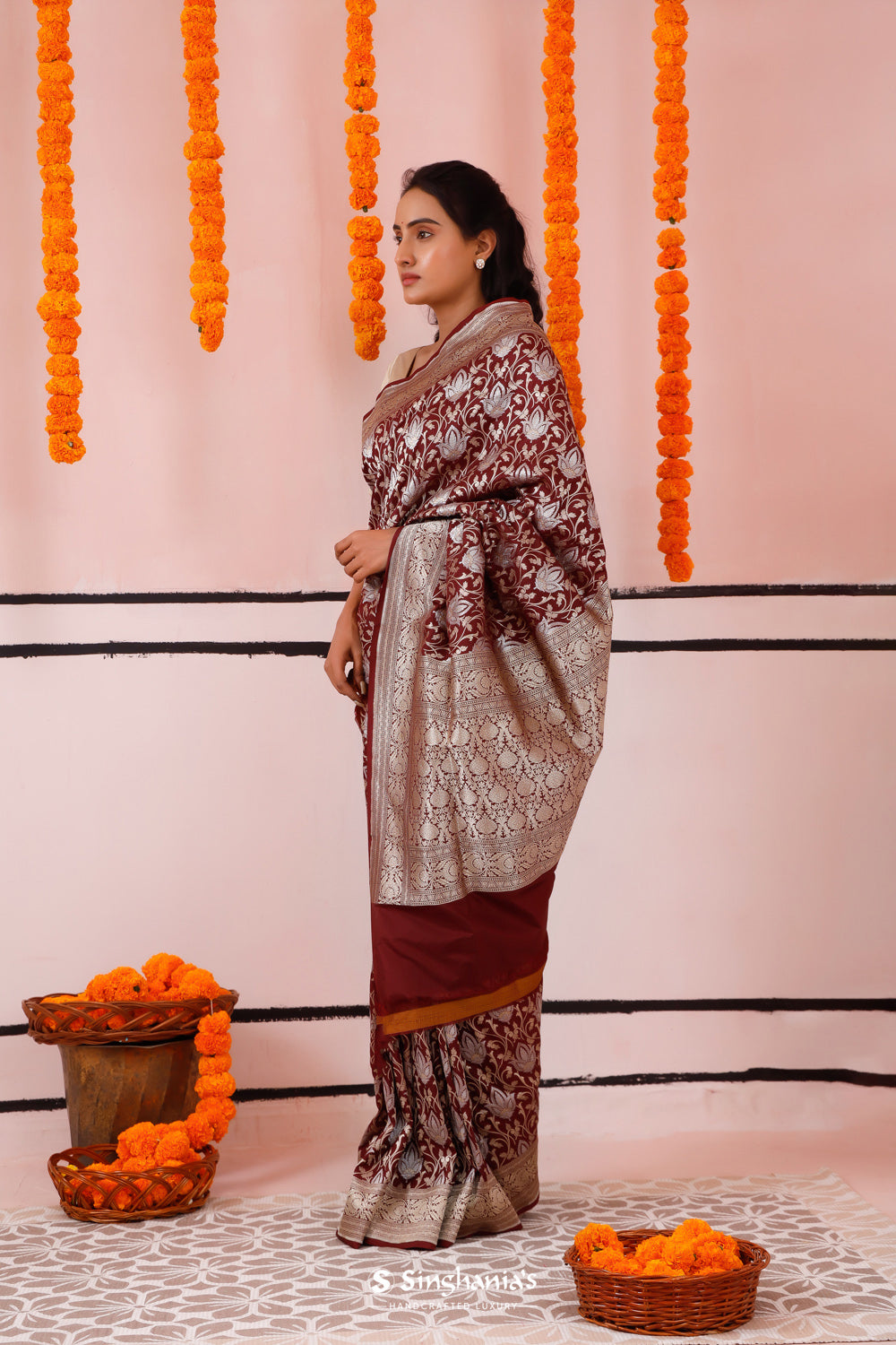 Athletic Maroon Banarasi Silk Saree With Floral Jaal Work