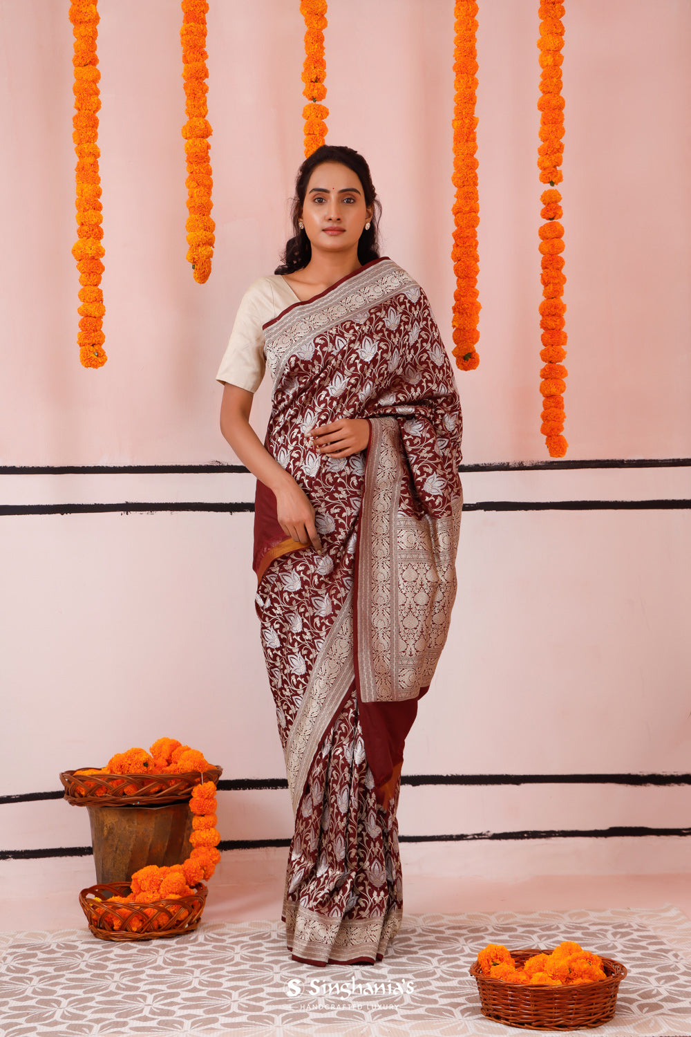 Athletic Maroon Banarasi Silk Saree With Floral Jaal Work