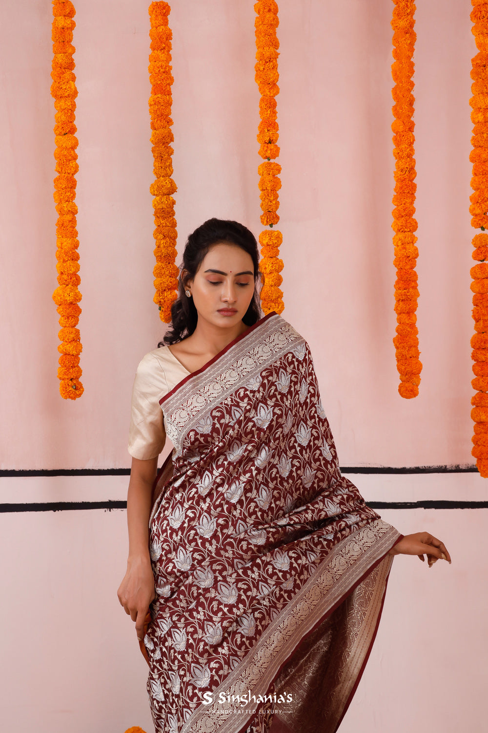 Athletic Maroon Banarasi Silk Saree With Floral Jaal Work