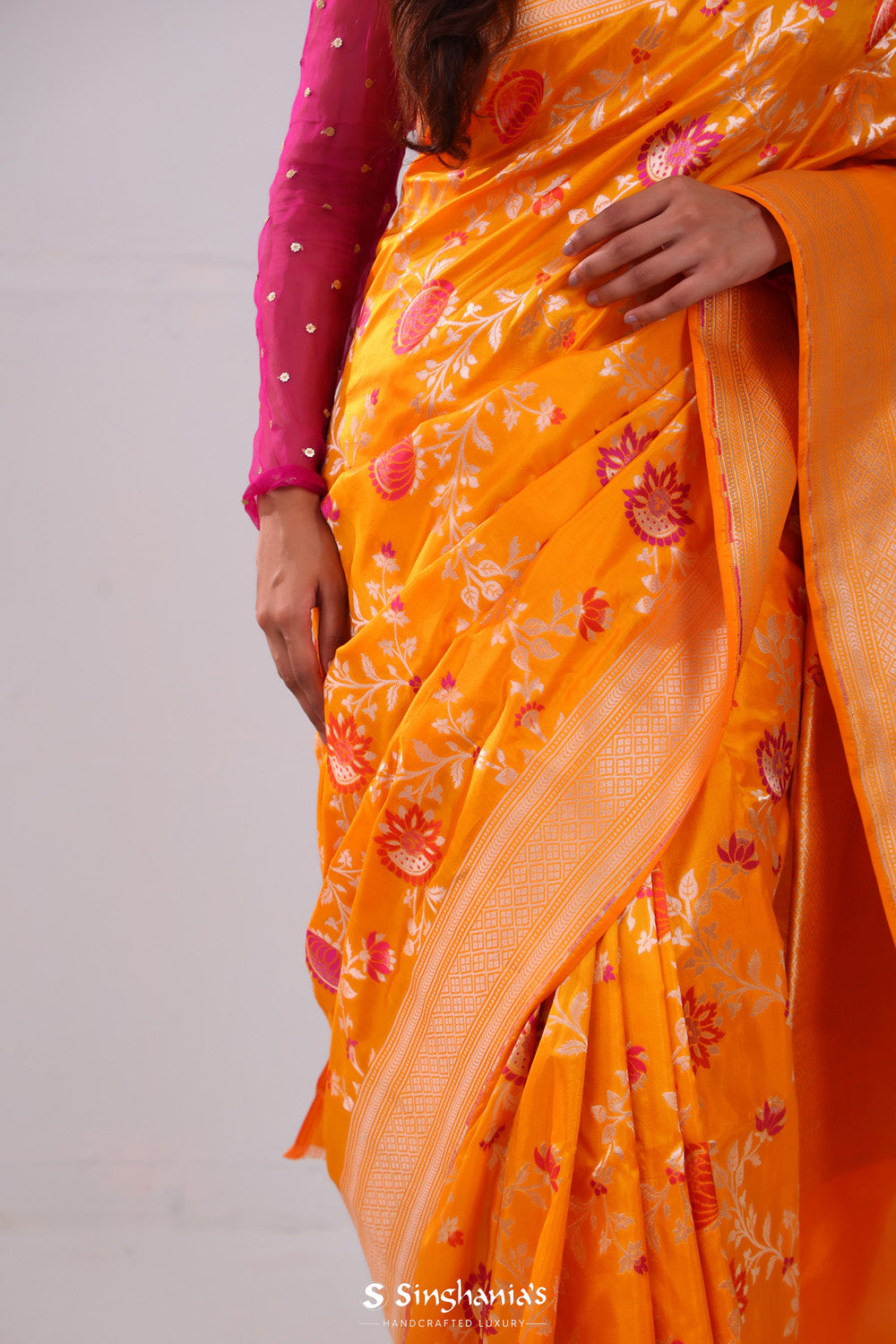 Yellow Orange Banarasi Silk Saree With Meenakari Floral Jaal